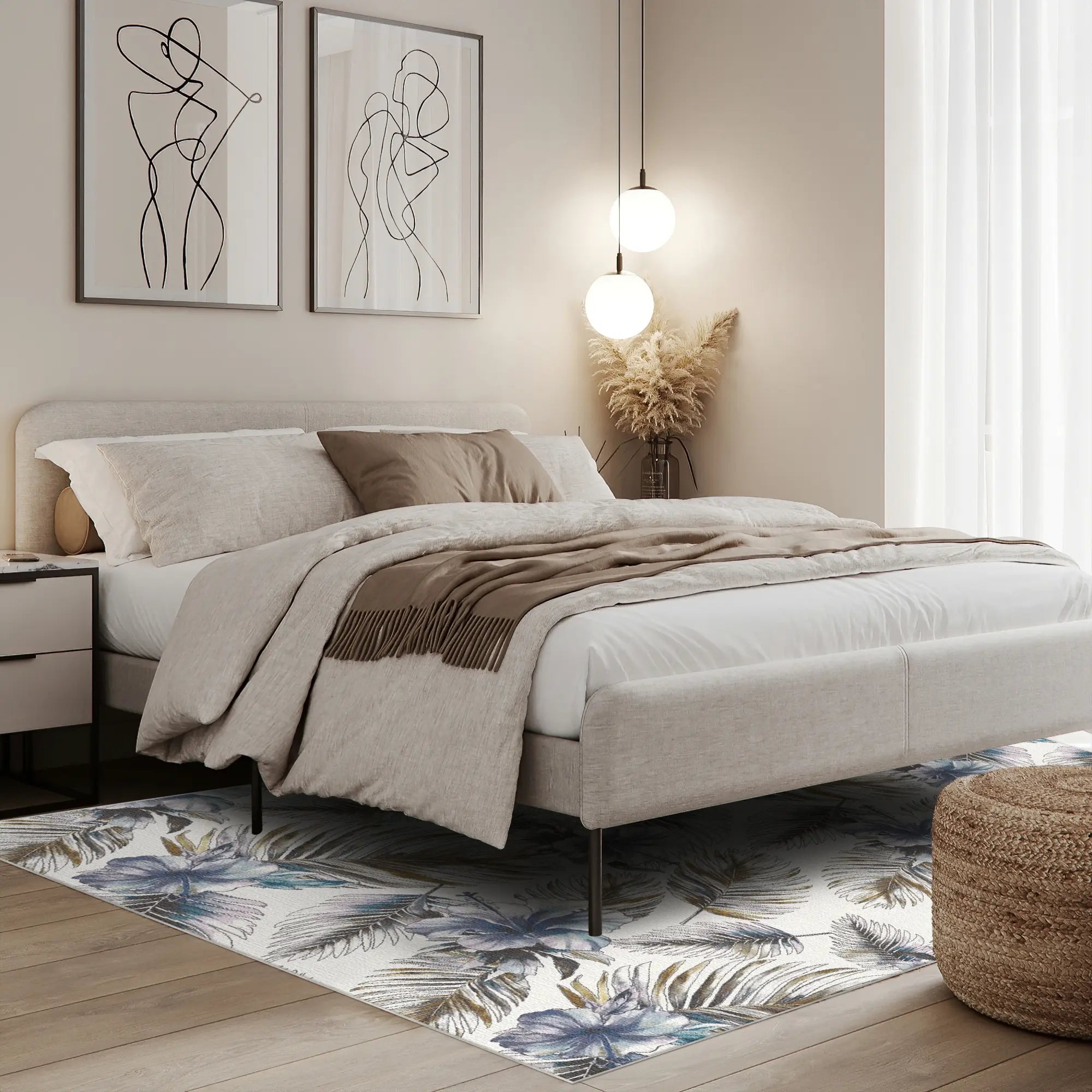 Tappeto Tropicale Ibisco Blu e Palma Dorata