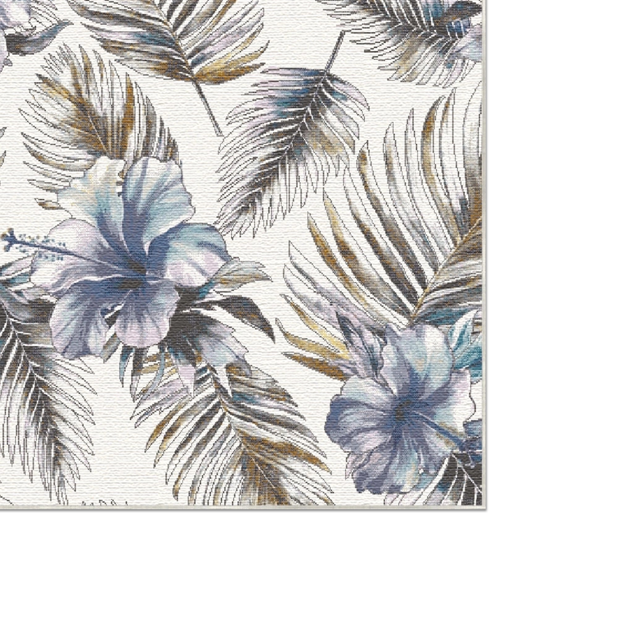 Blue Tropical Hibiscus and Golden Palm Rug