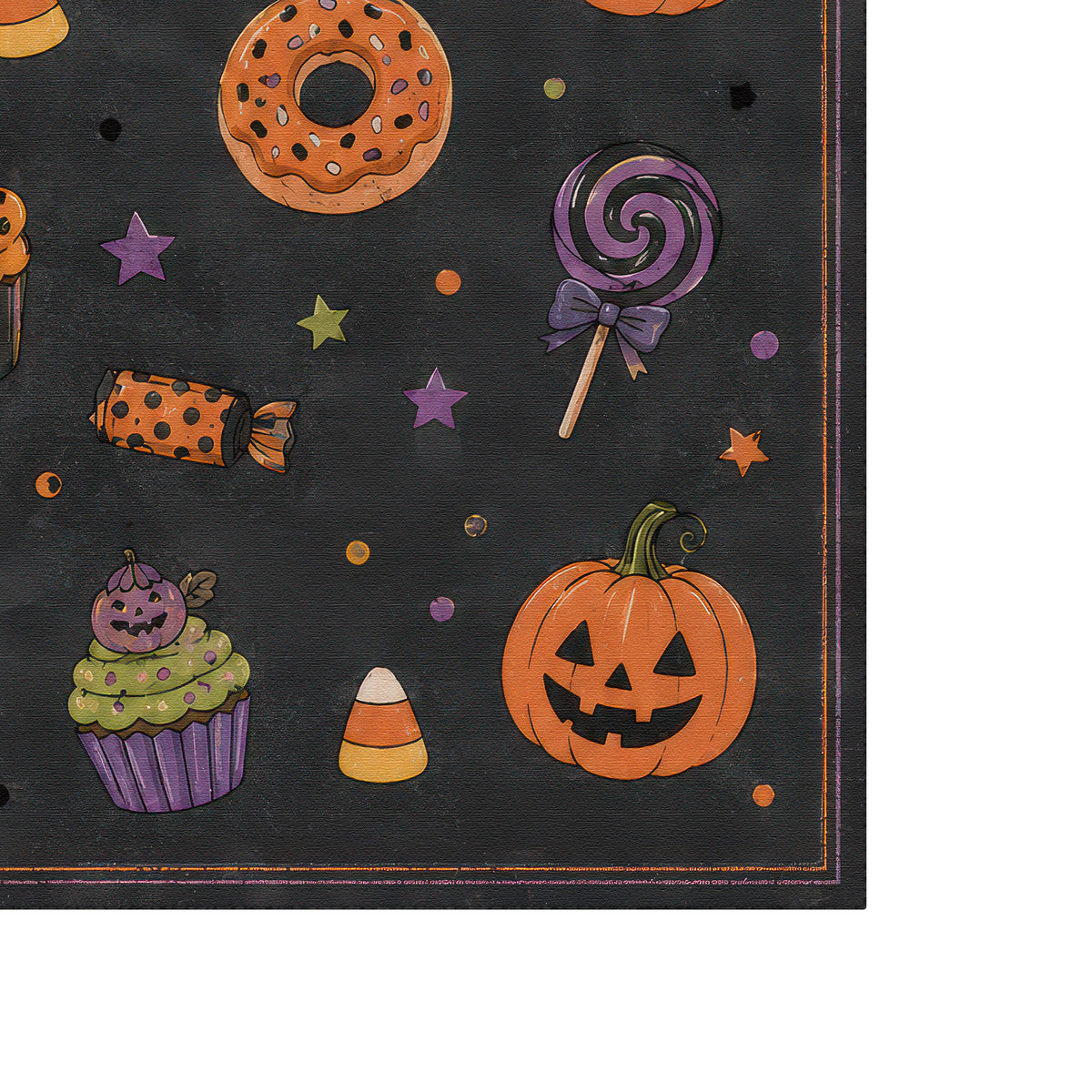 Un primo piano di un tappeto stampato a tema Halloween, con una zucca di Halloween arancione, un lecca-lecca viola, una ciambella arancione, un cupcake, mais caramellato, stelle e puntini su uno sfondo color antracite scuro.