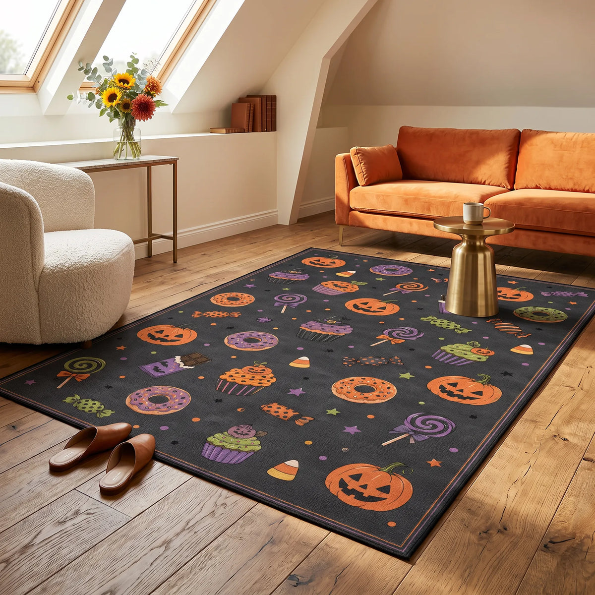 Un tappeto rettangolare nero per interni, con un motivo colorato di Halloween raffigurante zucche intagliate, cupcake, mais candito, lecca-lecca e ciambelle, inserito in un accogliente soggiorno moderno con pavimento in legno, un divano arancione e una poltrona color crema.