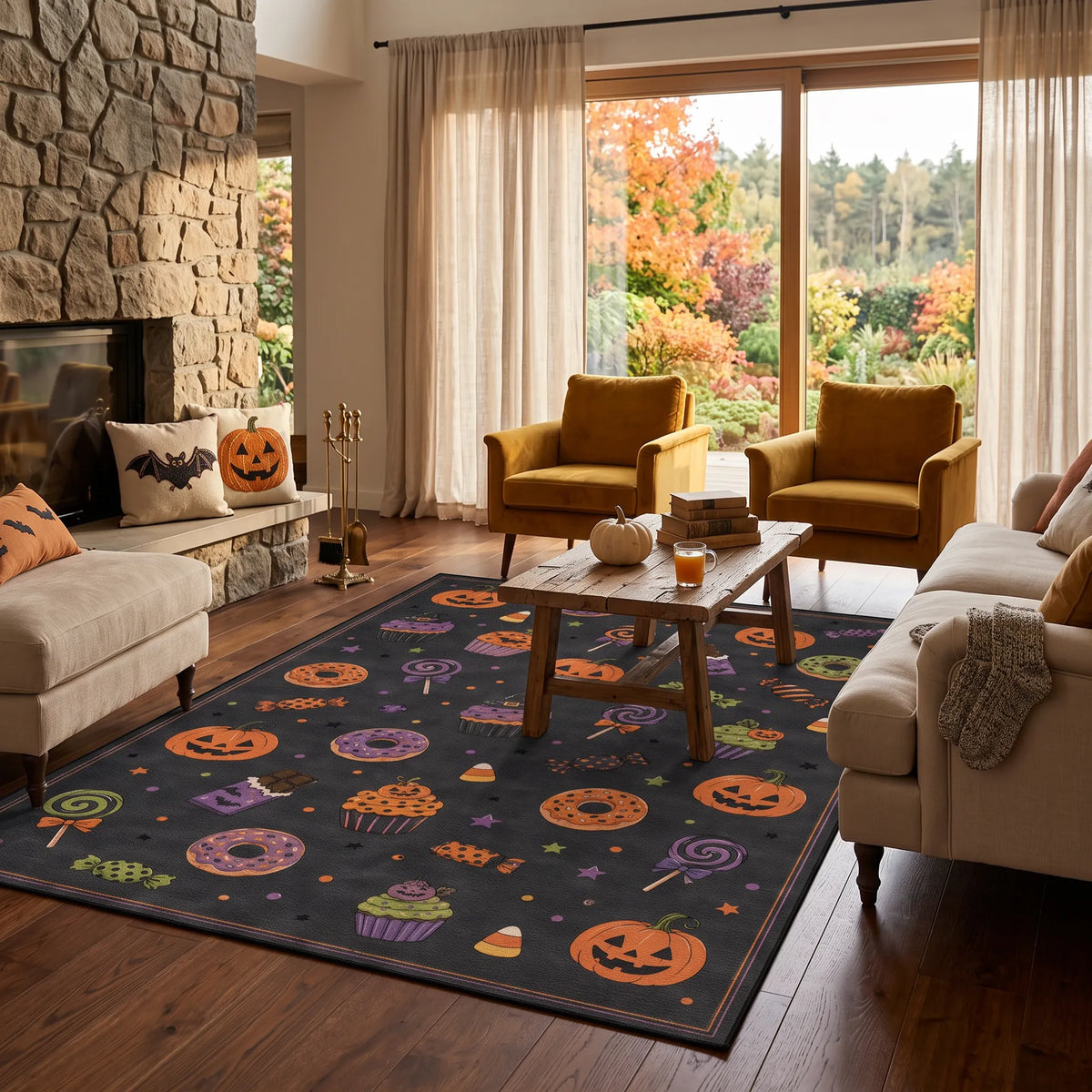 Un tappeto da interno a tema Halloween con sfondo scuro e motivi colorati di caramelle, zucche, cupcake e lecca-lecca, ambientato in un accogliente soggiorno con camino in pietra, due poltrone color senape e un tavolino da caffè in legno.
