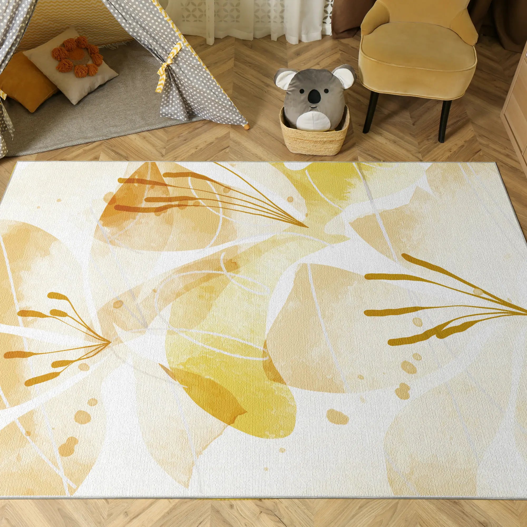 Tappeto Decorativo Floreale Acquerello Dorato