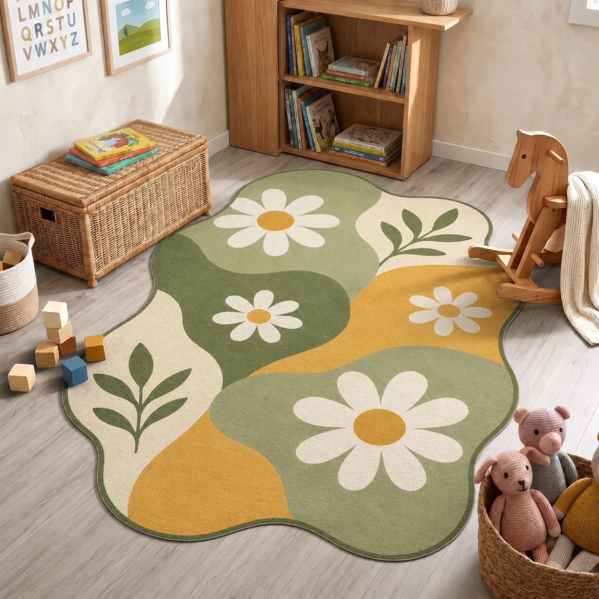 A wavy-edged area rug with a retro floral pattern in sage green, mustard yellow, cream, and white, styled in a child's room next to a wooden toy horse and storage basket.