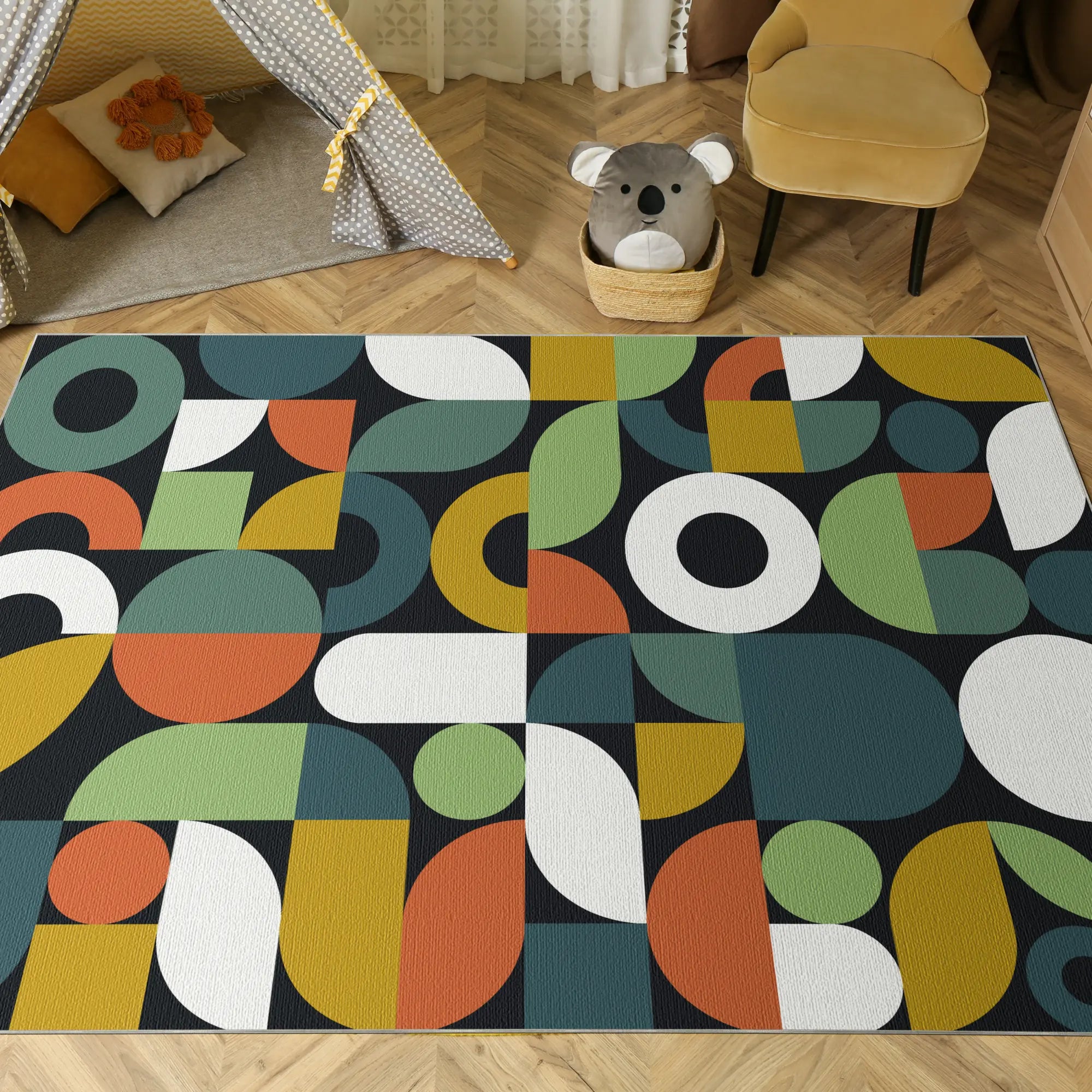 Tappeto Geometrico Retro Nero Lavabile