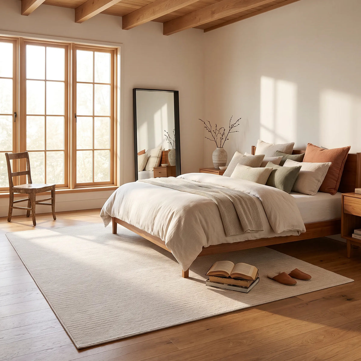 Una camera da letto arredata con cura, con una struttura del letto in legno, biancheria color crema, diversi cuscini, un grande tappeto chiaro, pavimento in legno, finestra, sedia, specchio e travi a vista sul soffitto.