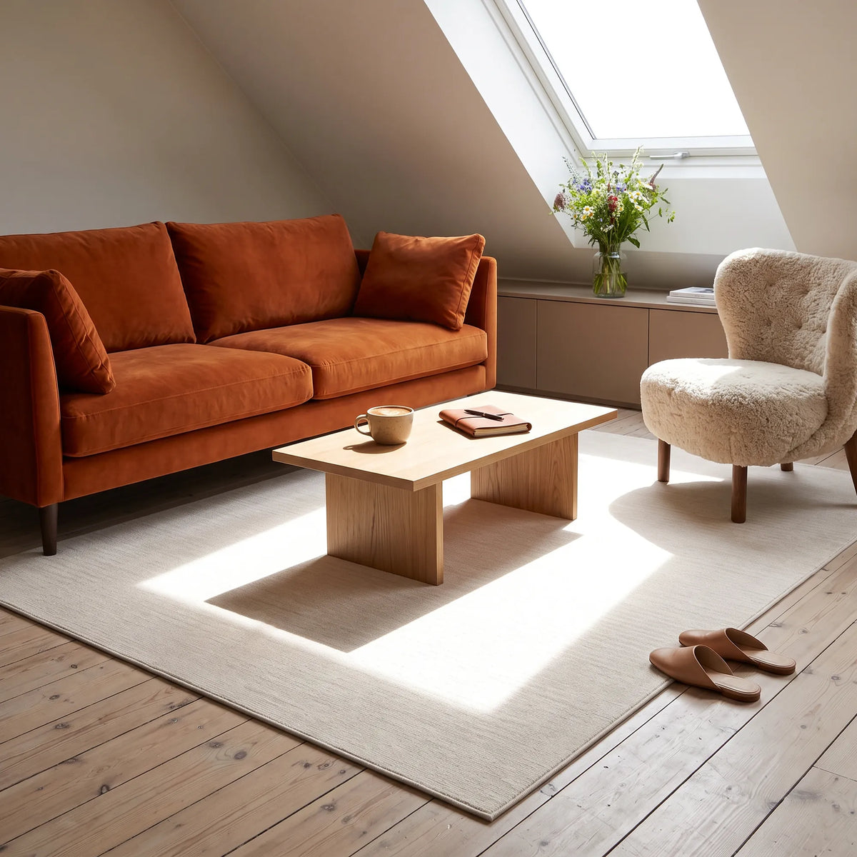 Una scena di soggiorno elegante con un divano in velluto color arancio-marrone, un tavolino da caffè in legno chiaro, una poltrona in bouclé color crema, un tappeto beige e uno scorcio di finestra a soffitto con luce diurna.