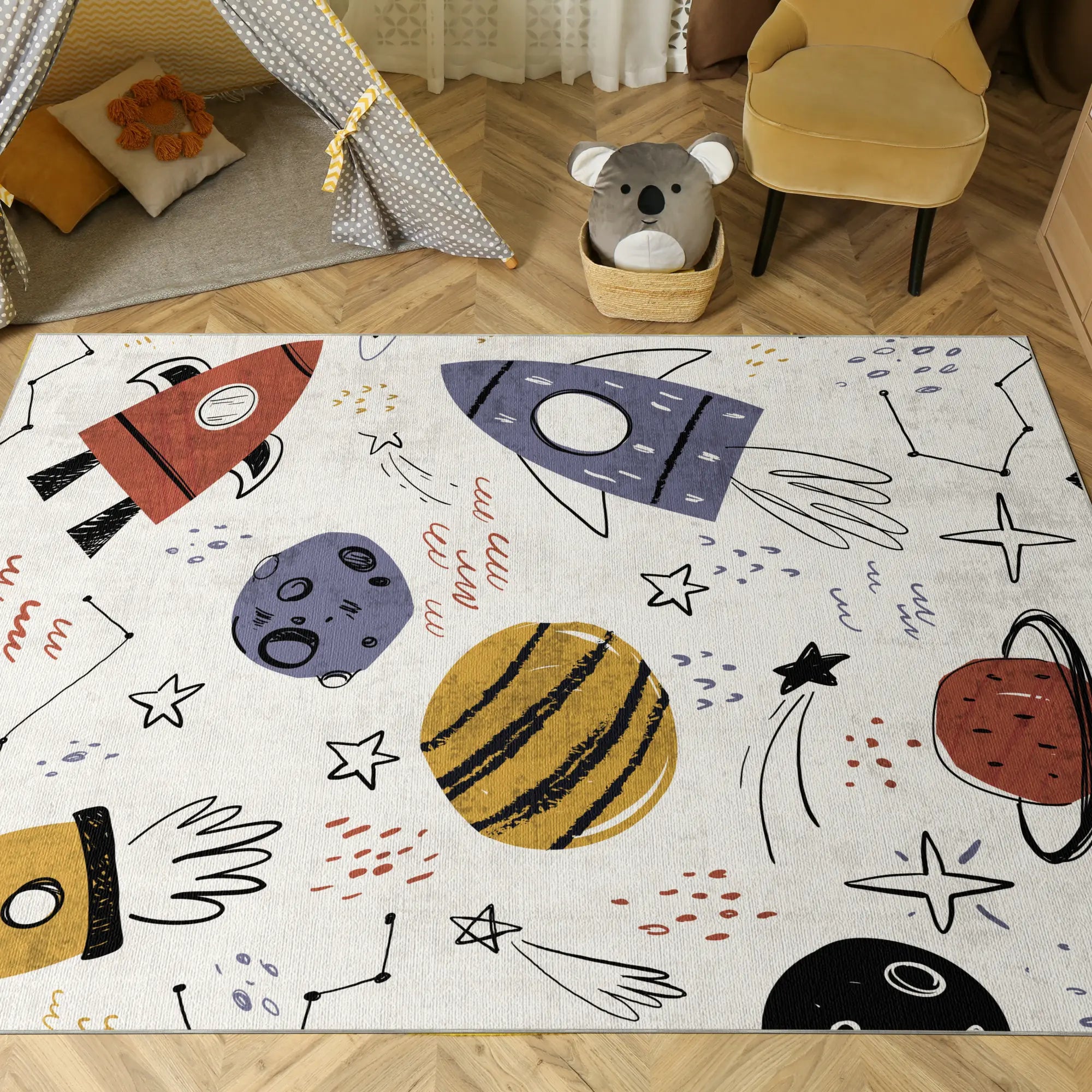 Tappeto per Bambini Razzo Spaziale Schizzato