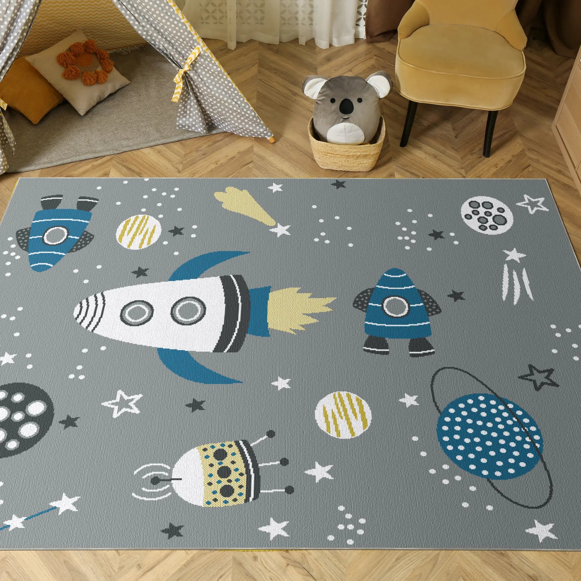 Tappeto Lavabile Grigio Spaziale per Bambini