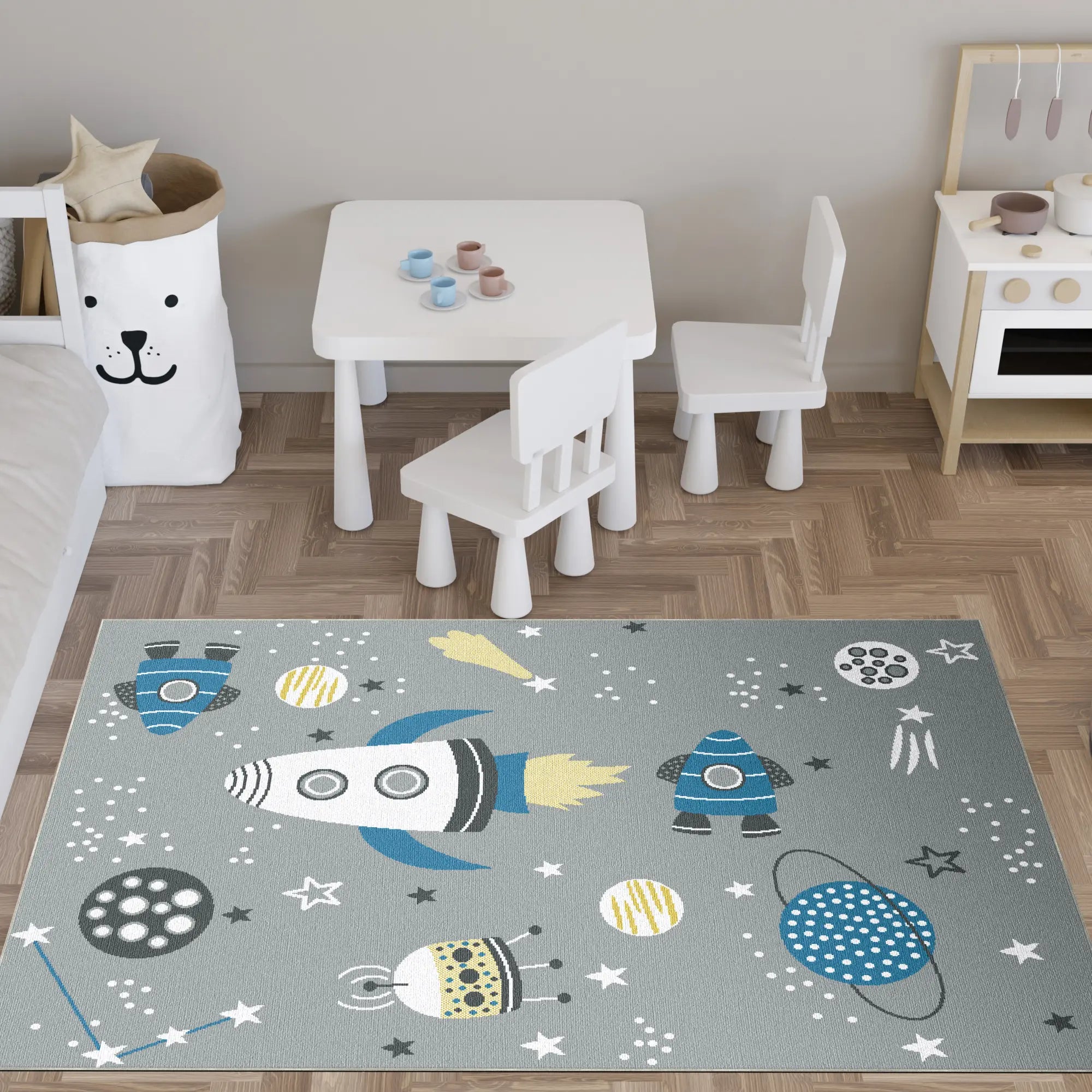 Tappeto Lavabile Grigio Spaziale per Bambini