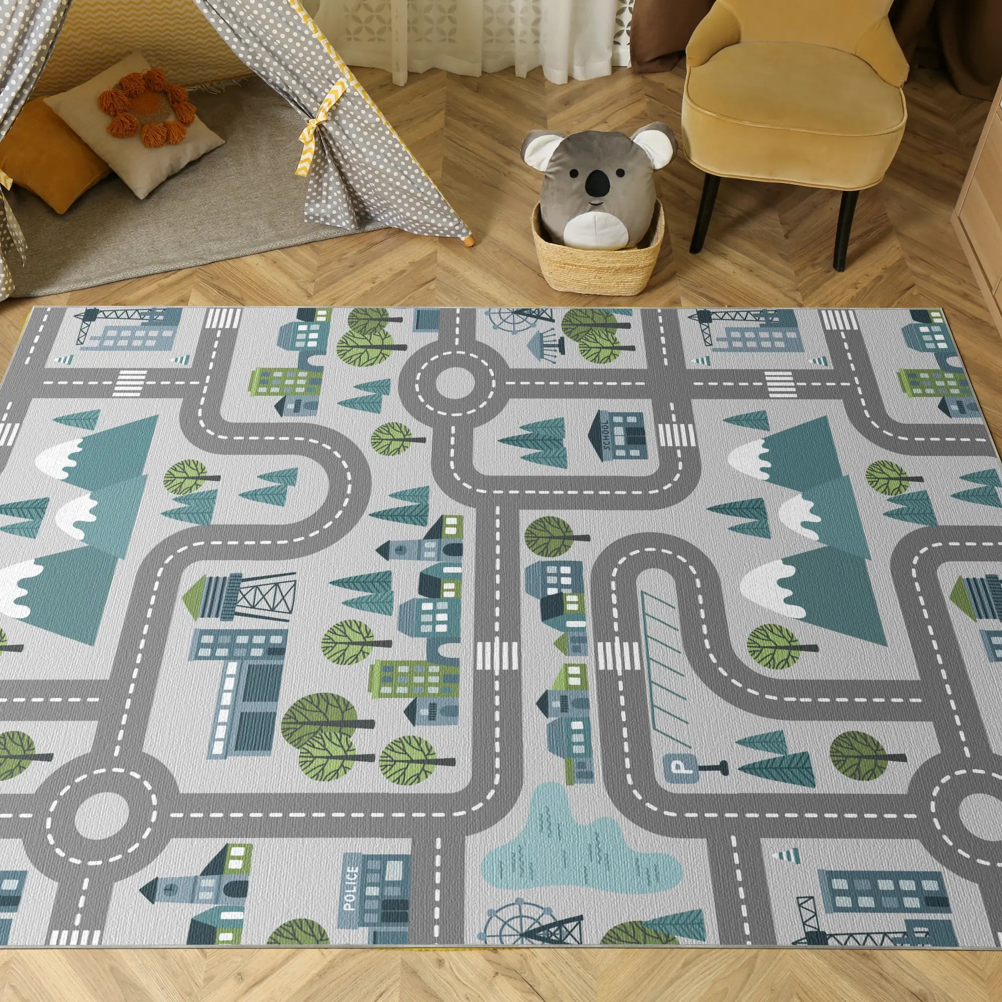 Tappeto Lavabile Bambini Strada Cittadina Blu