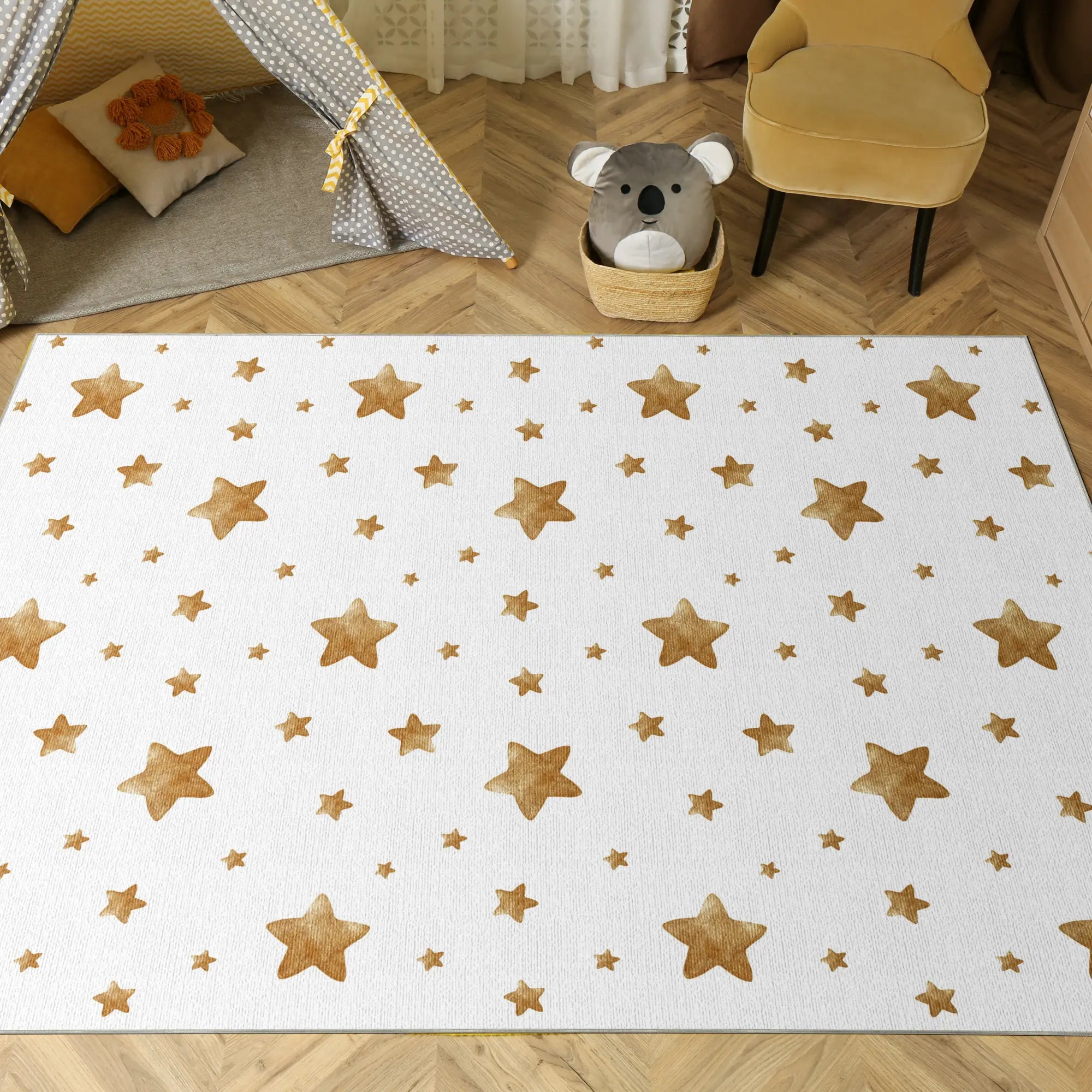 Tappeto Bambini Stelle Acquerello Dorate
