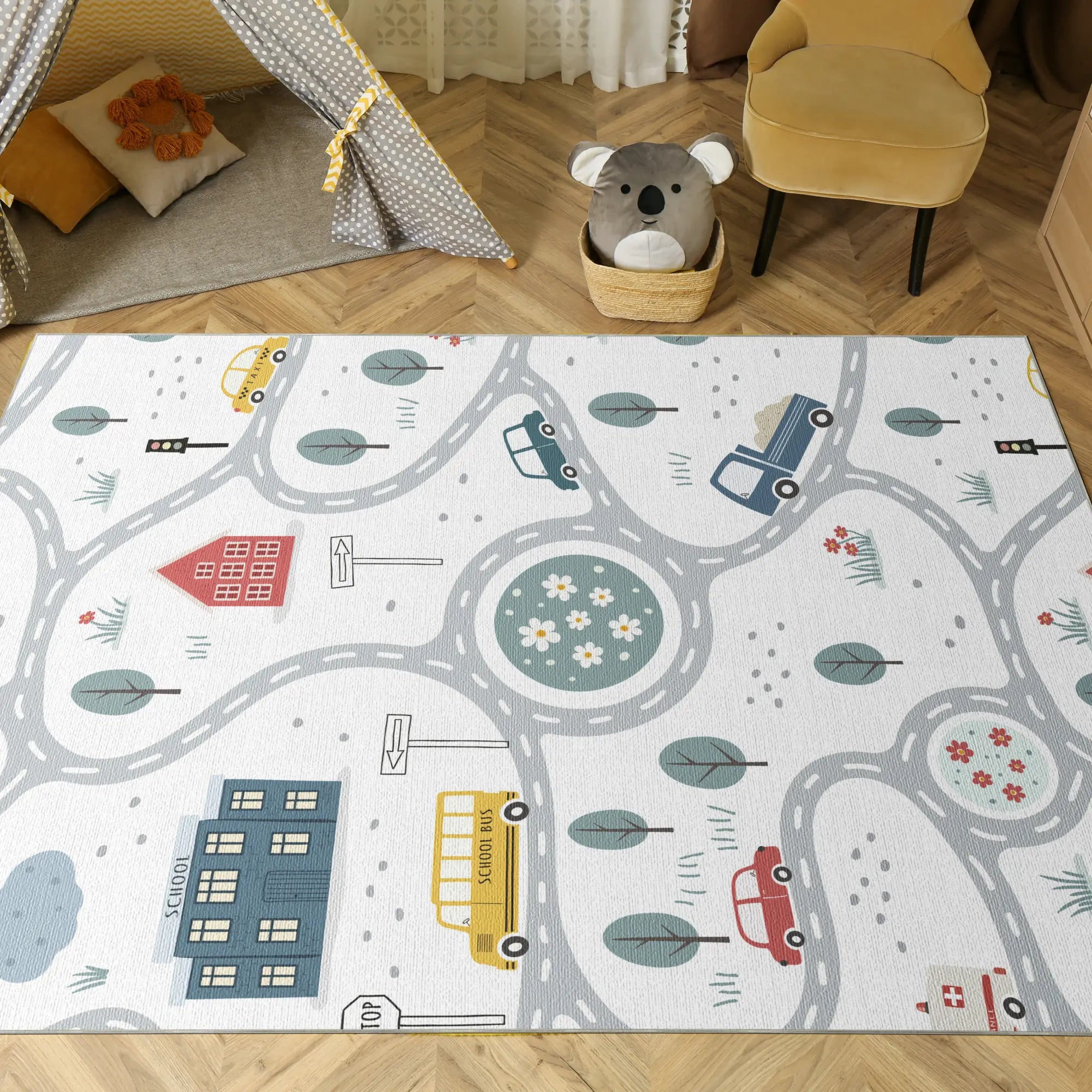 Tappeto Bambini Traffico Stradale Cittadino Bianco