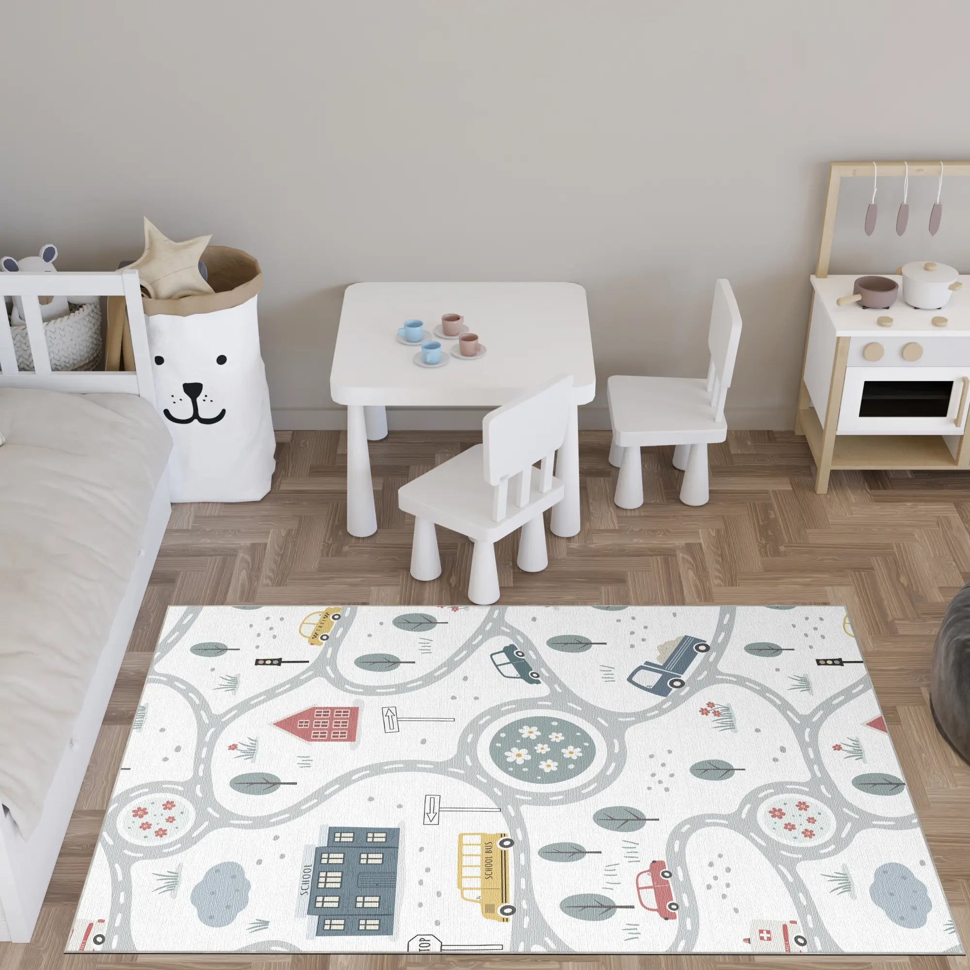 Tappeto Bambini Traffico Stradale Cittadino Bianco