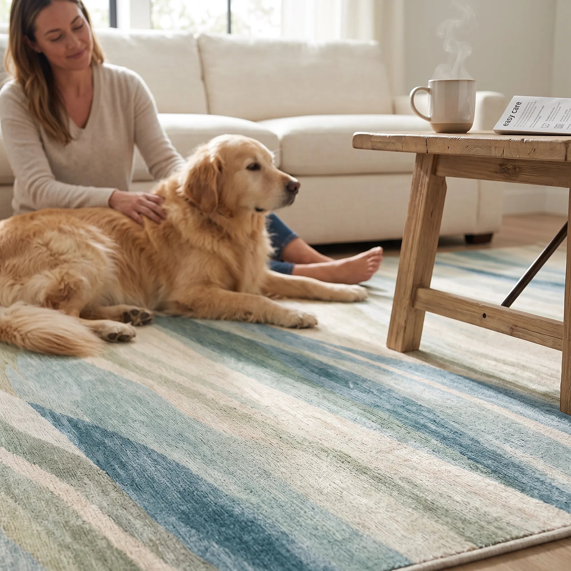 A golden retriever lies on a striped area rug in a bright living room while a woman sits nearby and pets the dog. A wooden coffee table with a mug is visible on the right.