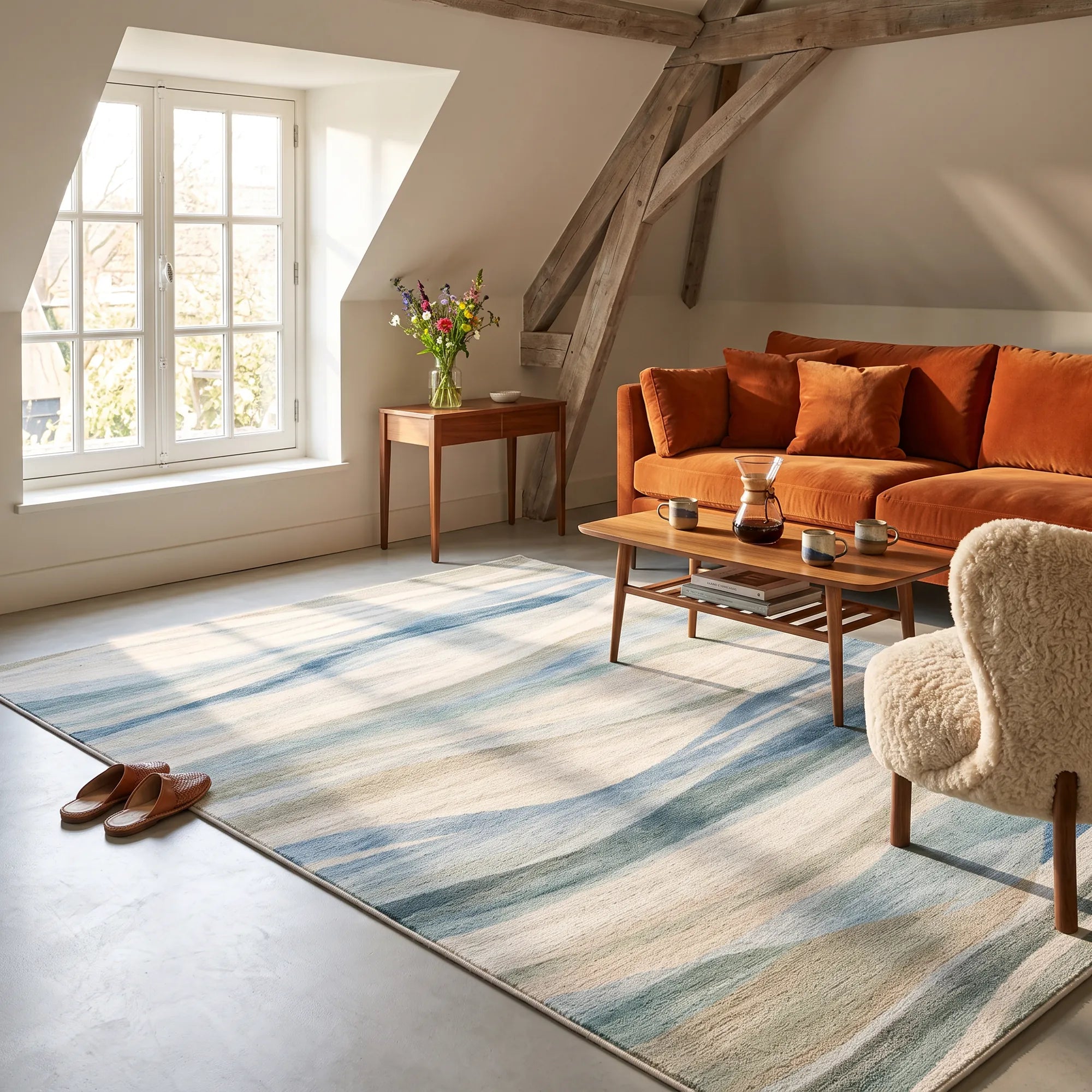 A large area rug with a blue, beige, and gray watercolor stripe pattern is styled in a bright, sunlit living room with a rust-orange sofa, wooden coffee table, and a cream bouclé armchair.