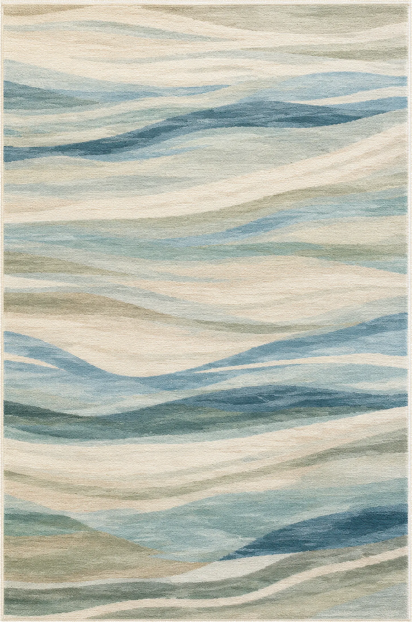Abstract area rug with a watercolor-like wave pattern in soft beige, cream, muted blue, sage green, and gray tones.