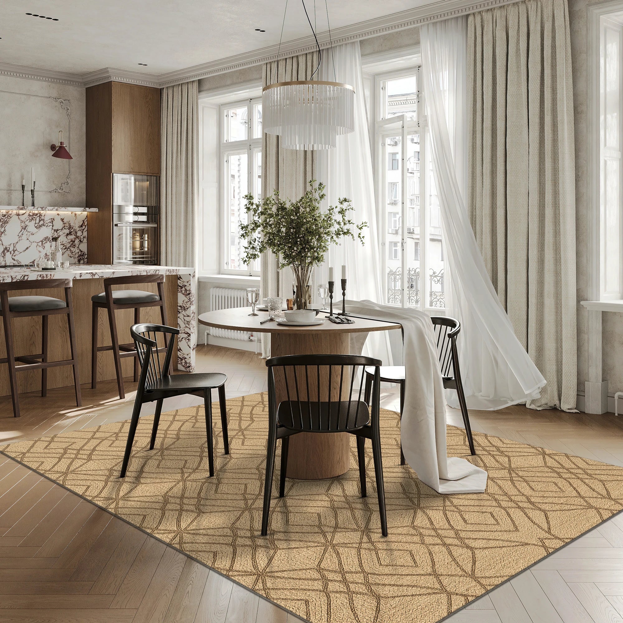Modern kitchen and dining area with a round table and chairs, large windows, and decorative elements.
