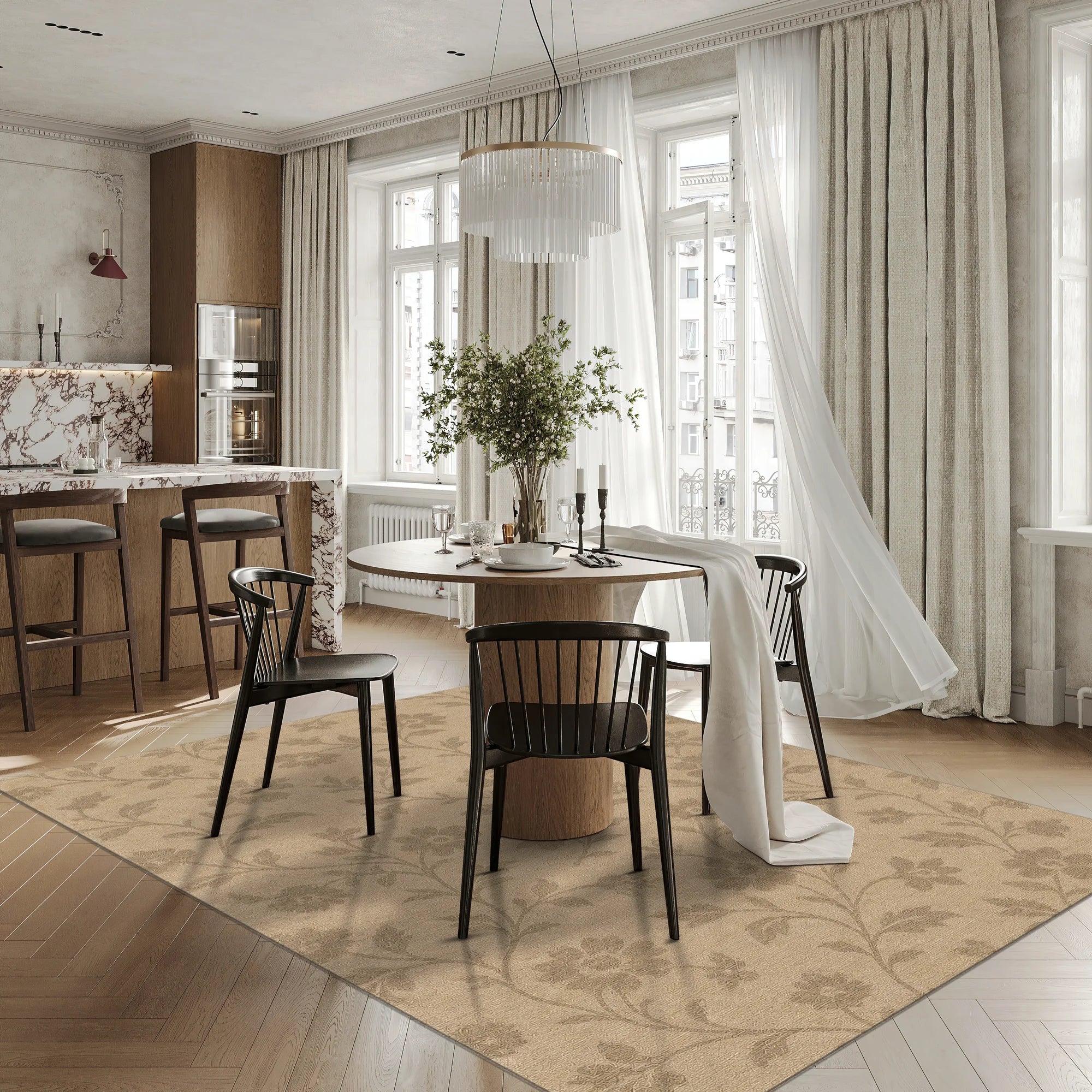Modern dining room with a round table, chairs, and large windows.