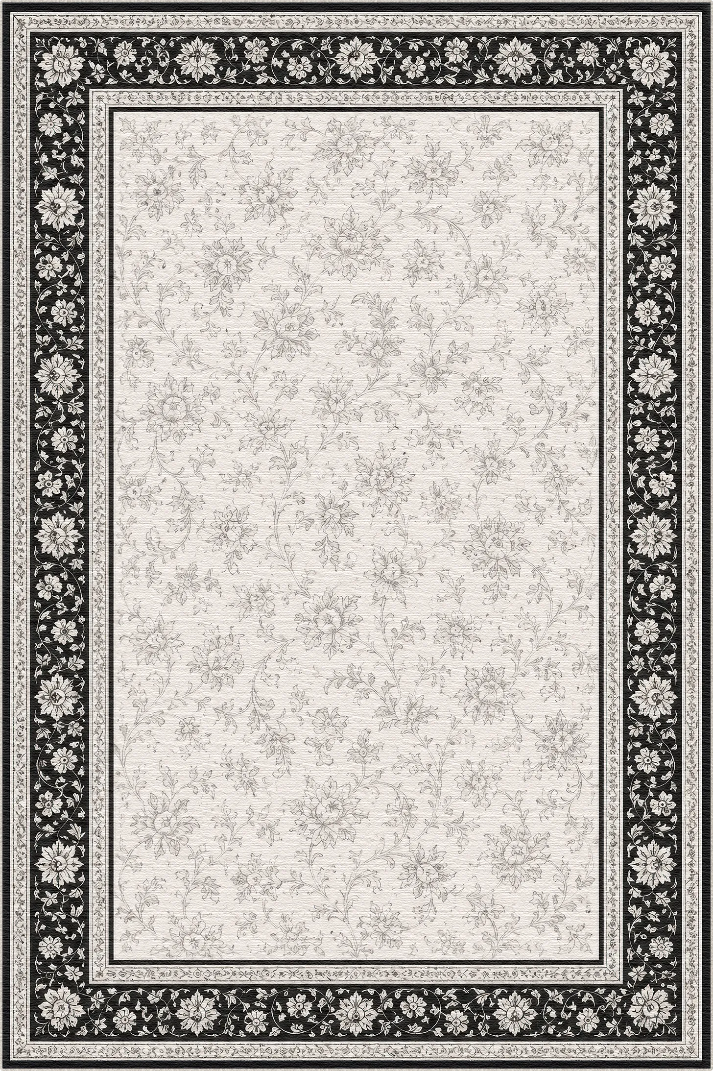Tappeto con bordo floreale in bianco e nero
