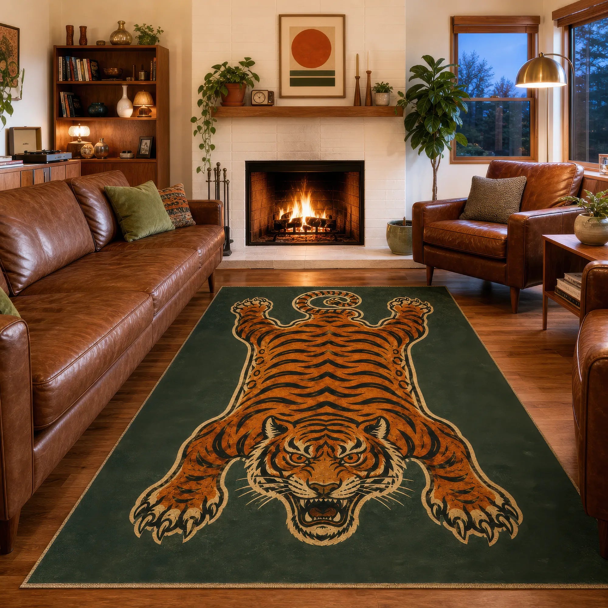 A dark green tiger area rug featuring a large orange and beige tiger design, shown in a cozy living room with brown leather furniture and a fireplace.
