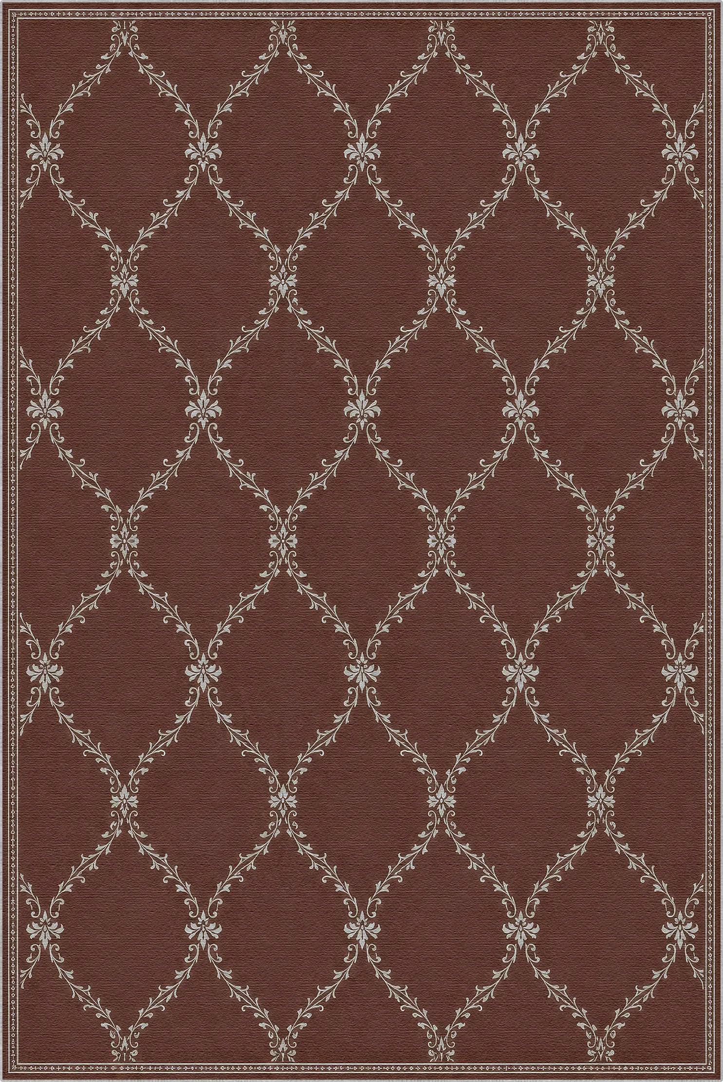 A lattice area rug with a warm brown background and a repeating cream-colored trellis pattern.