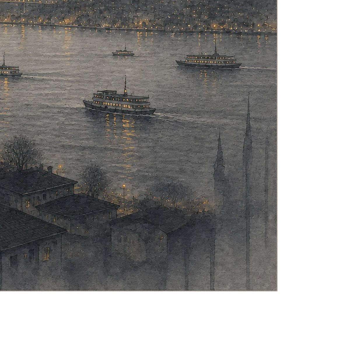 Un tappeto raffigurante il malinconico lungomare di Istanbul, con traghetti sull’acqua, edifici bassi, alberi spogli e alte guglie di chiese in primo piano, realizzato nei toni tenui del grigio, del blu-grigio e dei caldi riflessi gialli della luce.
