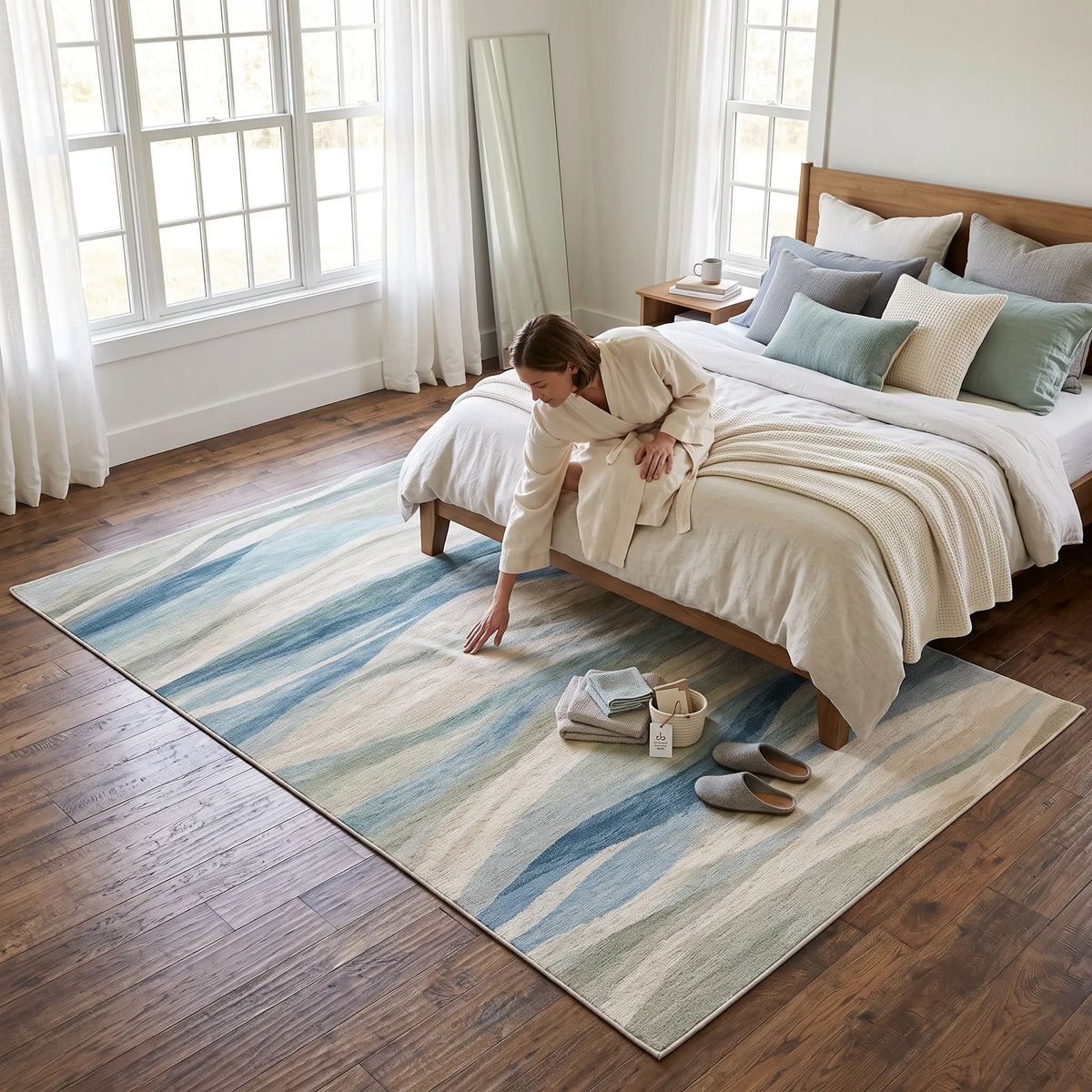 Una donna in vestaglia color crema è inginocchiata accanto a un letto in una camera da letto luminosa e tocca un grande tappeto dai motivi astratti a strisce blu, beige e color crema, su un pavimento in legno scuro.