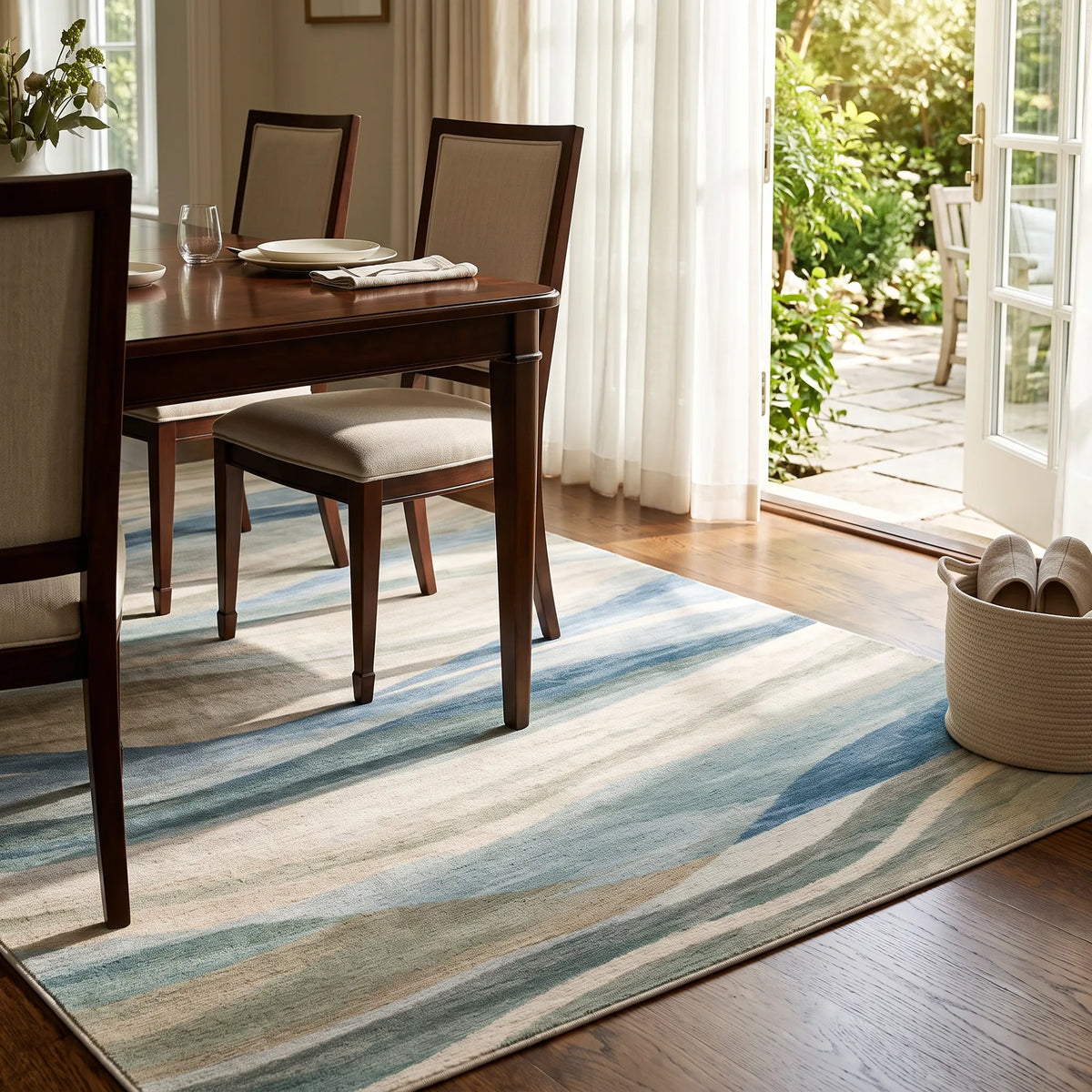 Un tappeto rettangolare per interni con un motivo astratto in stile acquerello nei toni del blu, del beige e del grigio, inserito in un ambiente da sala da pranzo sotto un tavolo e delle sedie da pranzo in legno.