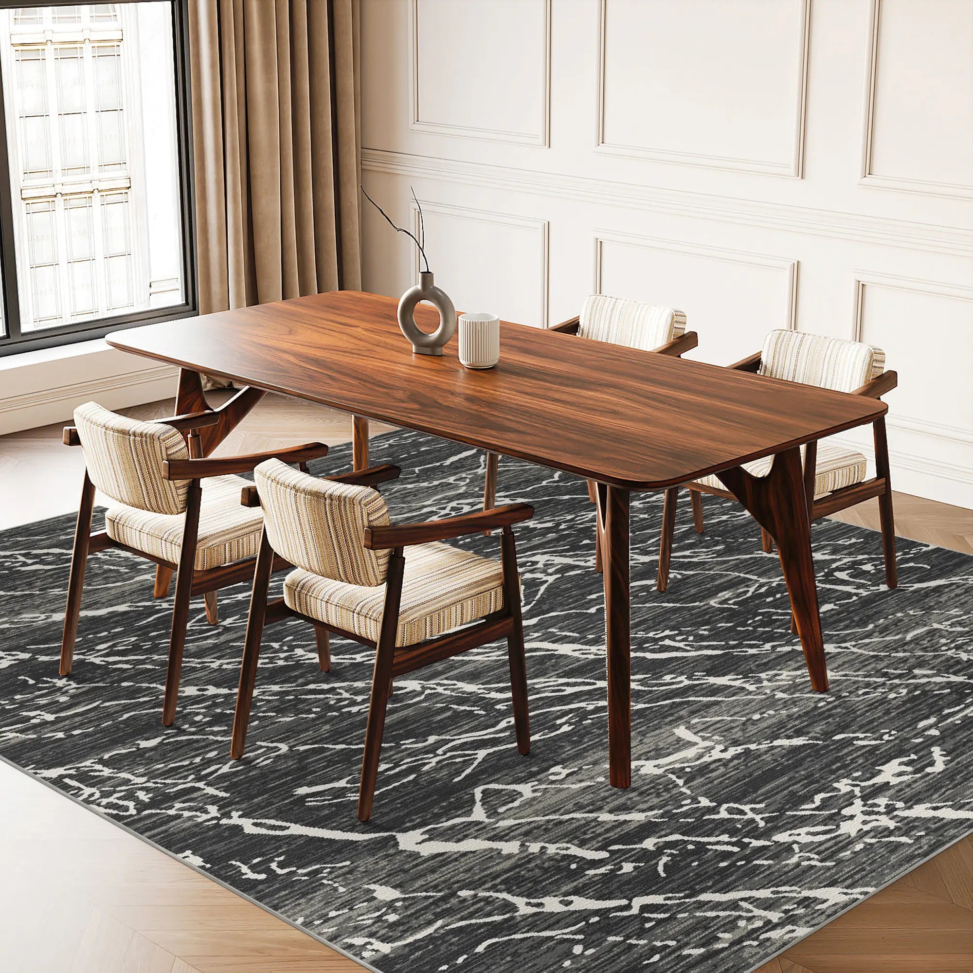 Obsidian Frost Marble Washable Rug