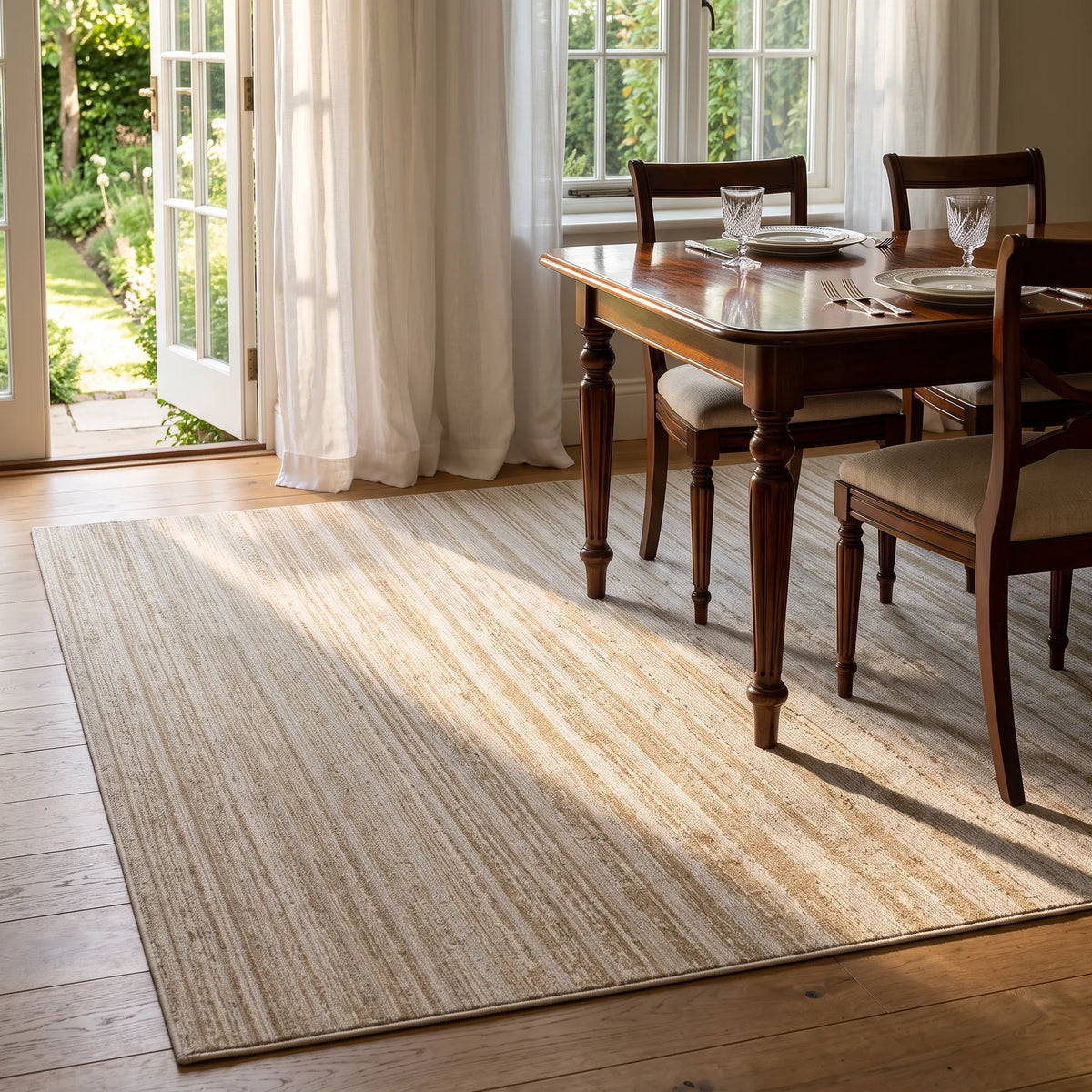 Un grande tappeto rettangolare dai toni beige e crema, con una delicata texture orizzontale, disposto in una luminosa sala da pranzo illuminata dalla luce naturale proveniente da porte-finestre, accanto a un tavolo da pranzo e a sedie in legno scuro.