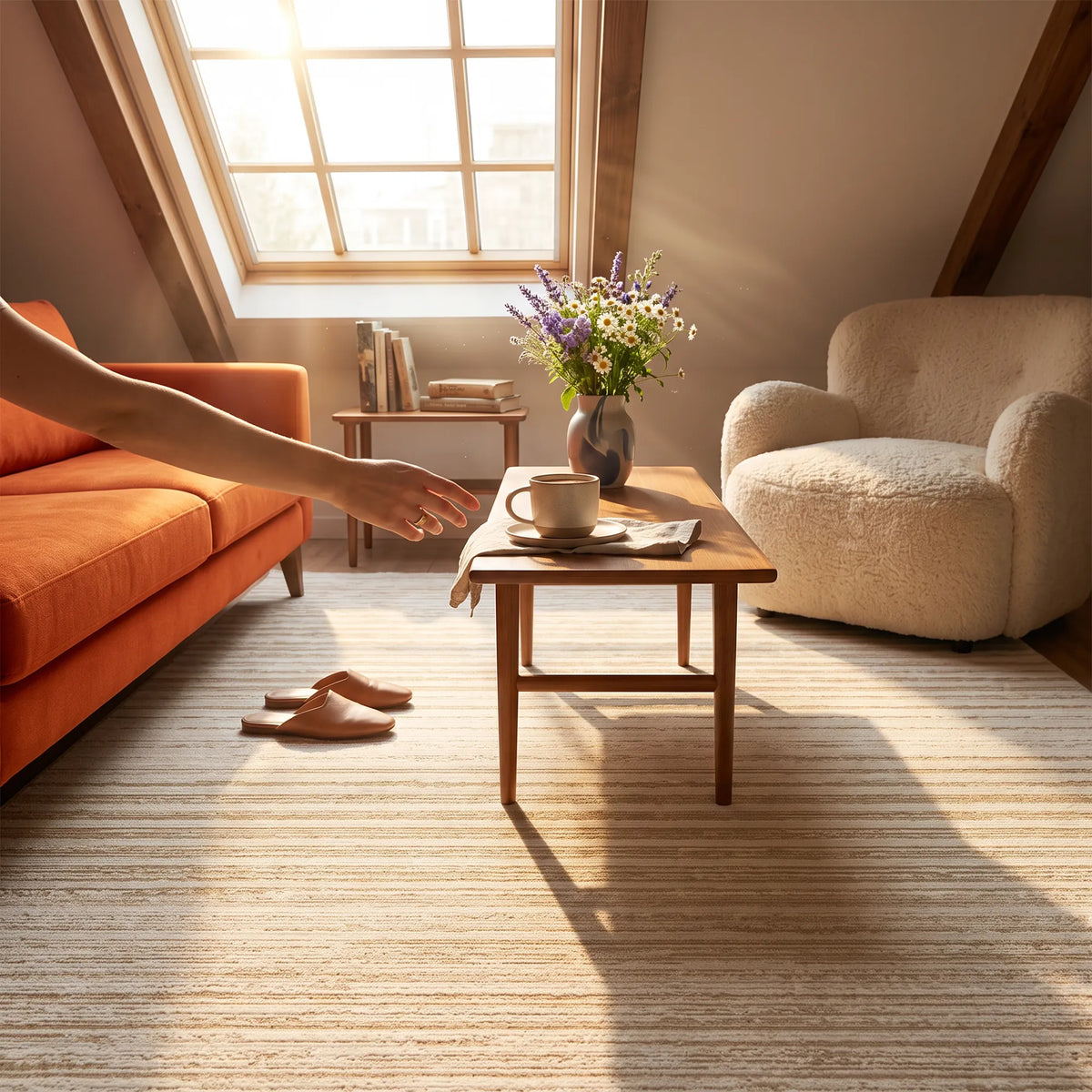 Un accogliente soggiorno mansardato illuminato dal sole, con un tappeto beige a righe, un divano arancione, una poltrona in bouclé color crema, un tavolino da caffè in legno e un vaso di fiori. A sinistra sono visibili il braccio e la mano di una persona, protesi verso il tavolo.