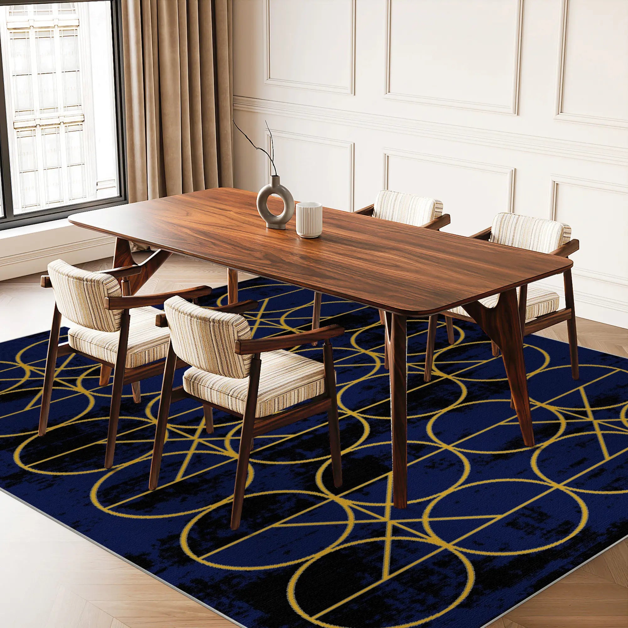 Midnight Gold Orbit Geometric Rug