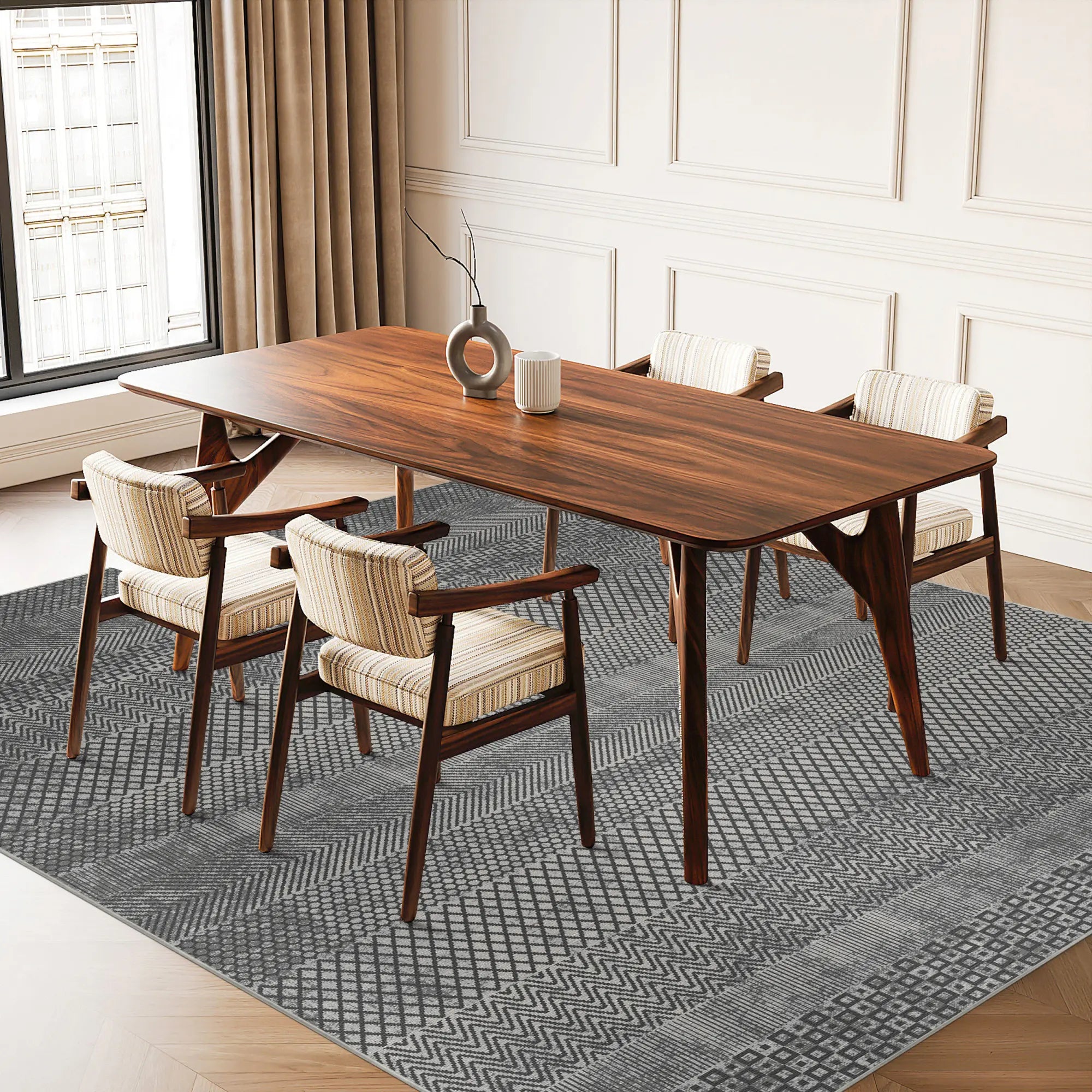 Slate Mosaic Banded Geometric Rug