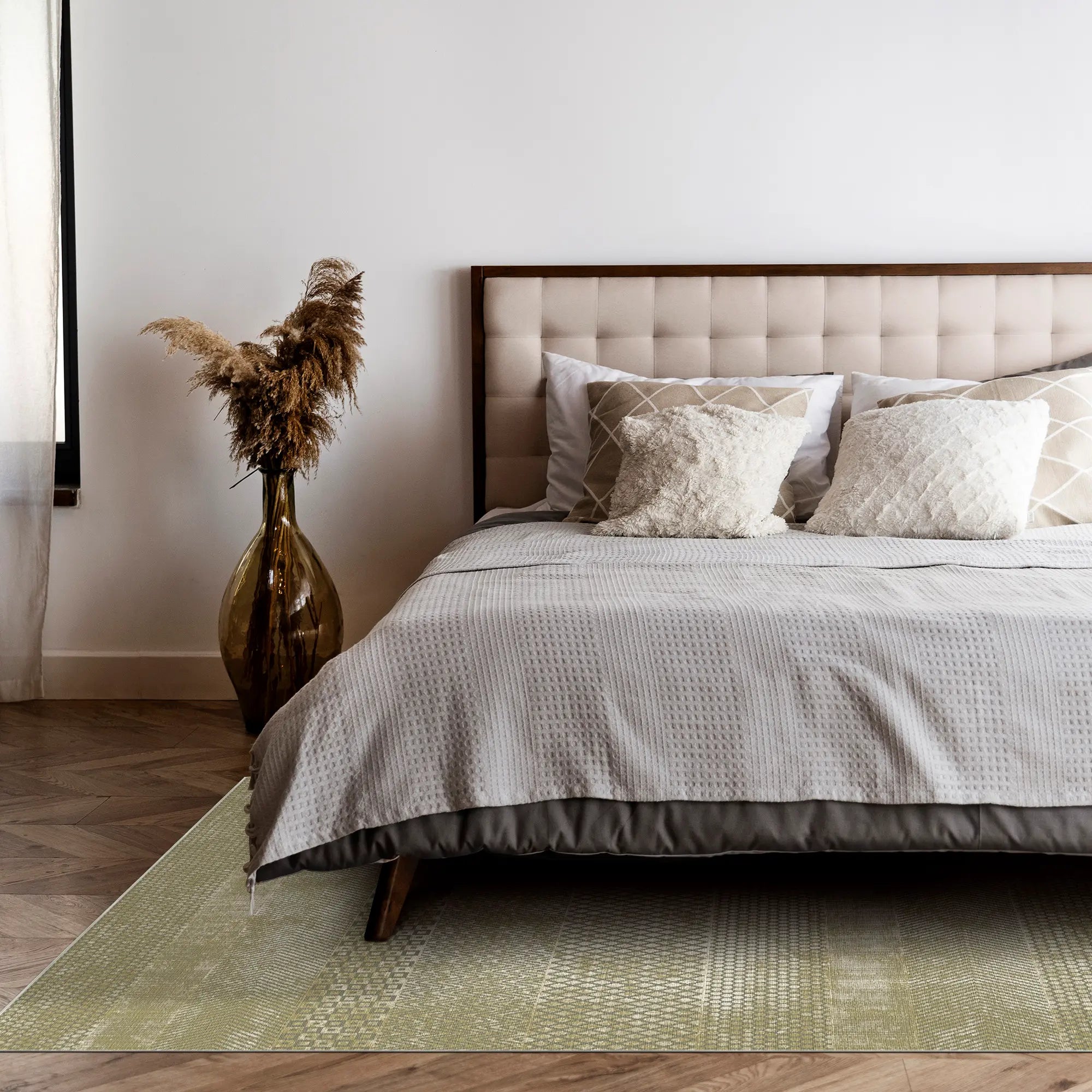 Olive Green Mosaic Banded Geometric Rug