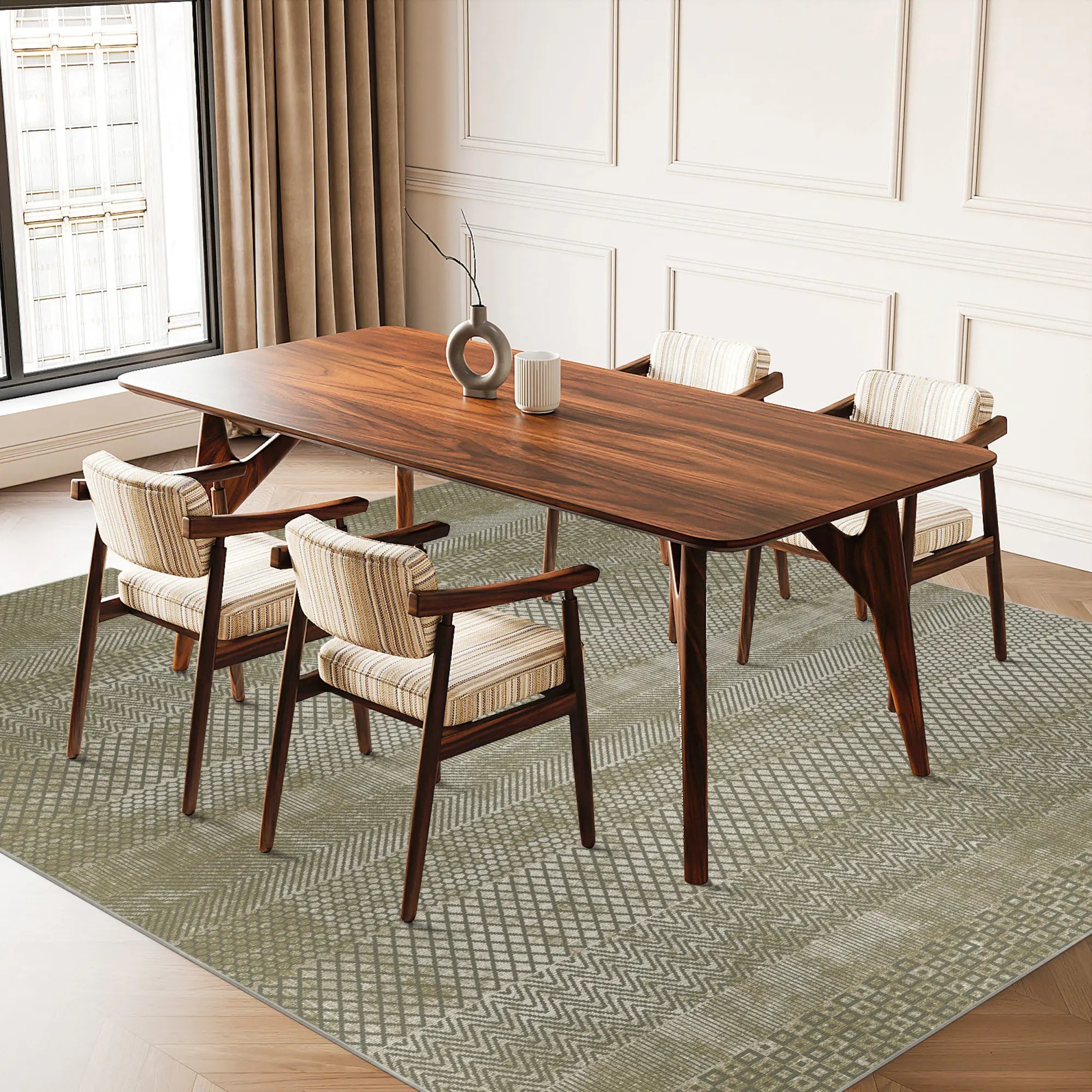 Olive Green Mosaic Banded Geometric Rug