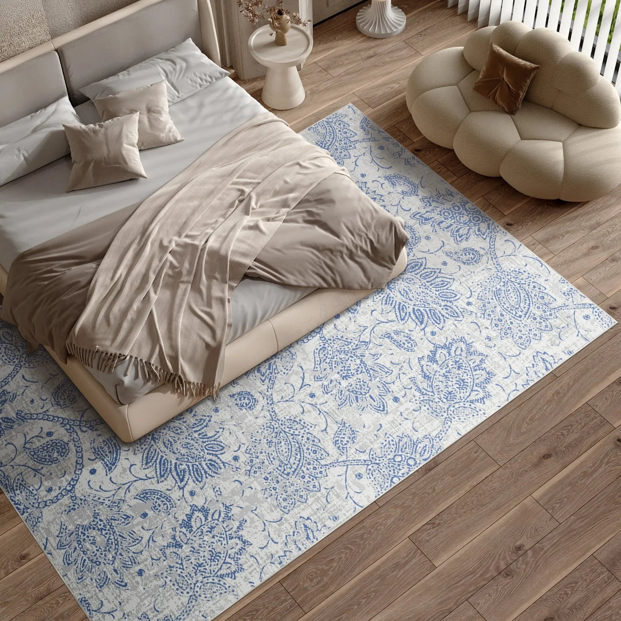 Tappeto Sbiadito Fioritura Azzurra