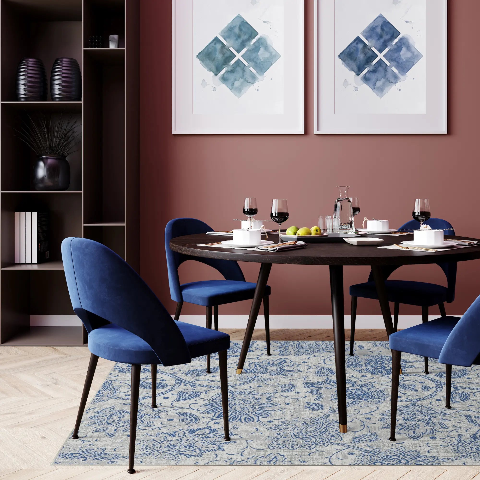 Tappeto Sbiadito Fioritura Azzurra