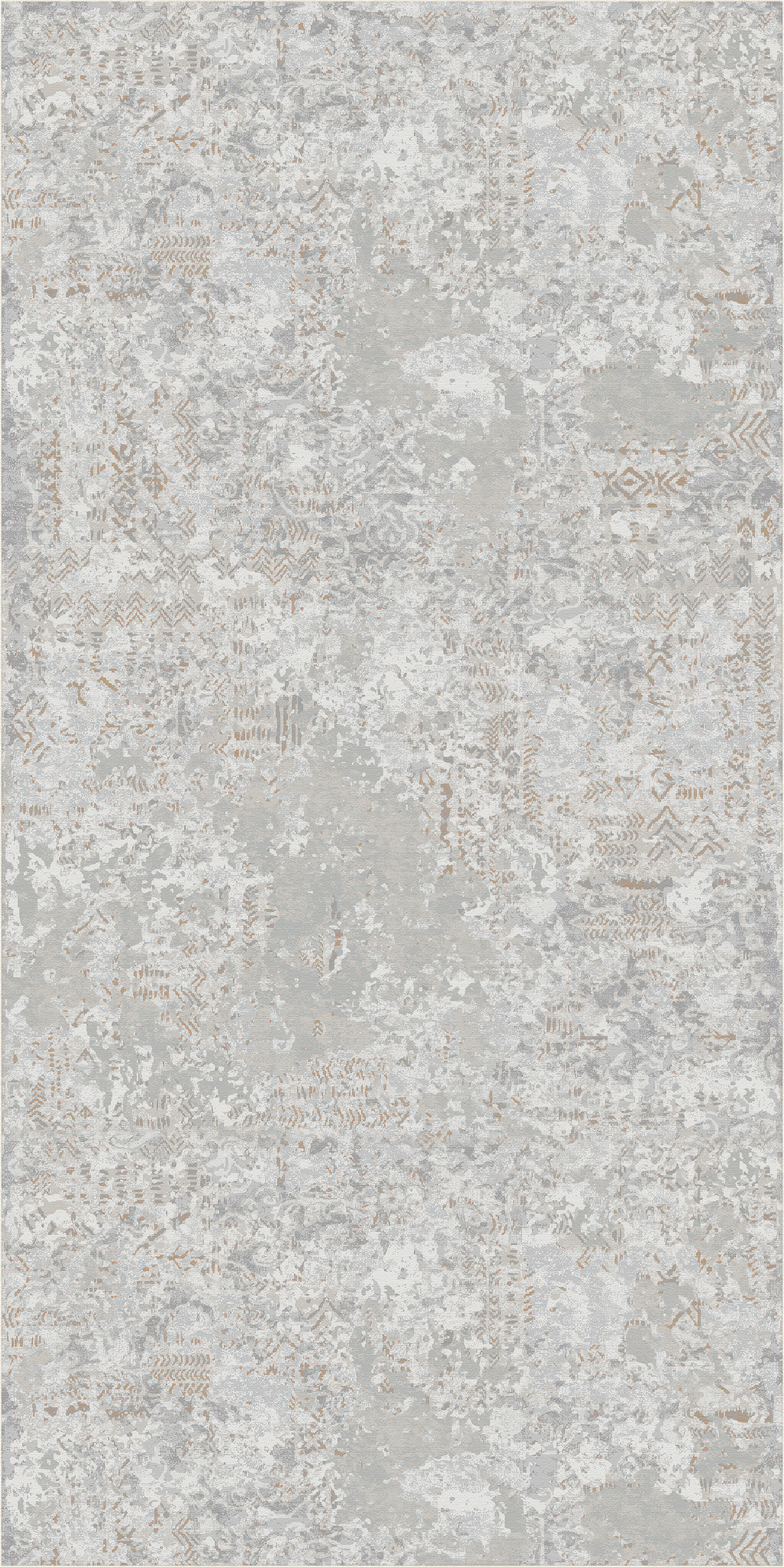 Un tappeto quadrato con un motivo effetto vintage dall’aspetto vissuto, nei toni del grigio chiaro, del beige e del bianco, con delicati accenni di oro spento.