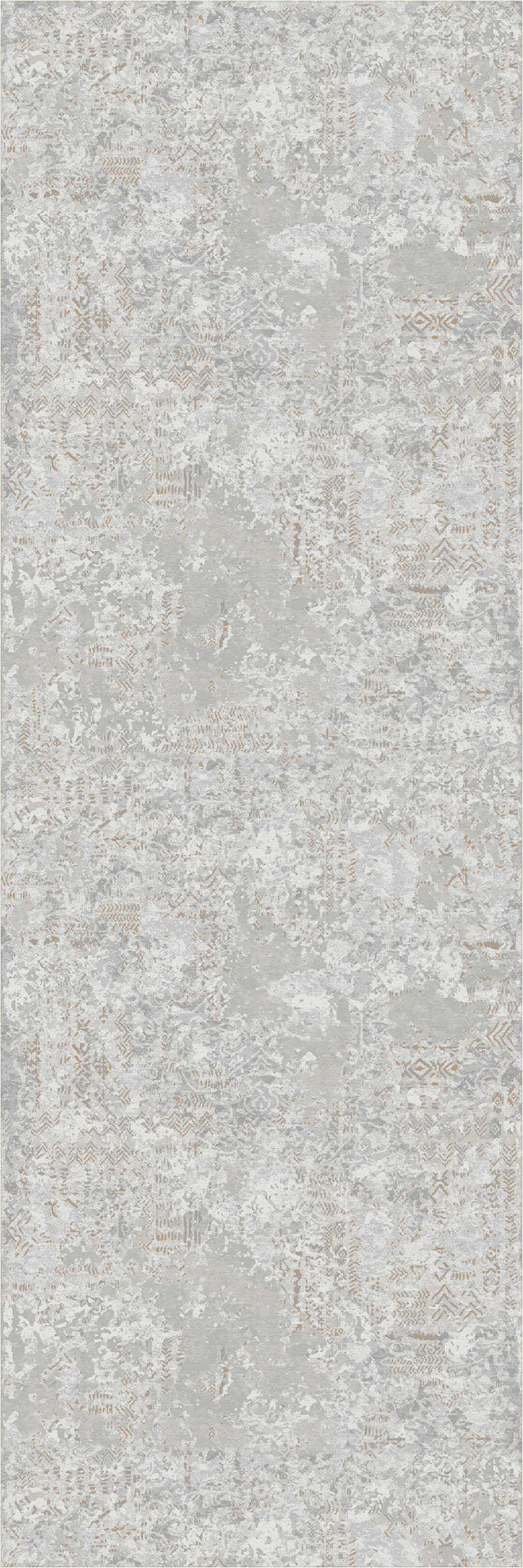 Un campione quadrato di tappeto a fantasia dall’aspetto vissuto, nei toni tenui del grigio chiaro, beige e bianco sporco, con un motivo floreale vintage astratto.