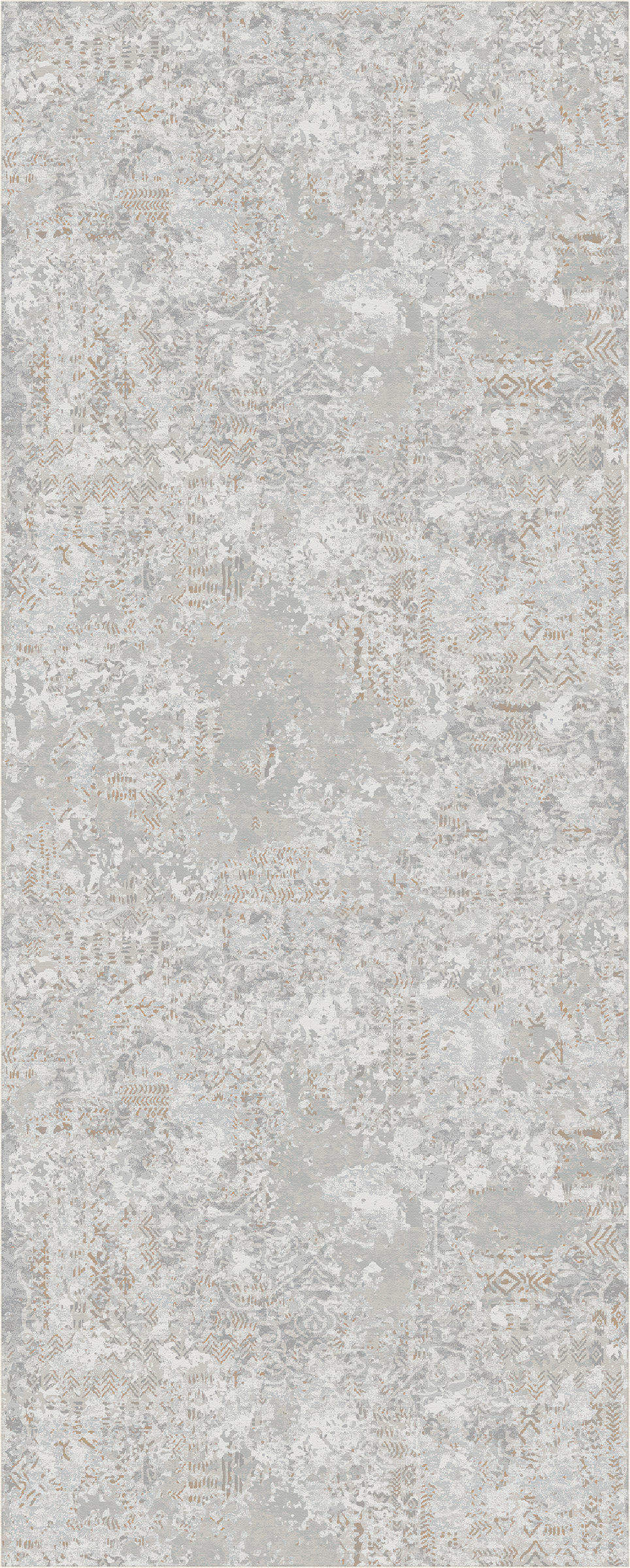 Un tappeto quadrato con un motivo effetto vintage dall’aspetto usurato, nei toni del grigio chiaro, del beige e del bianco sporco.