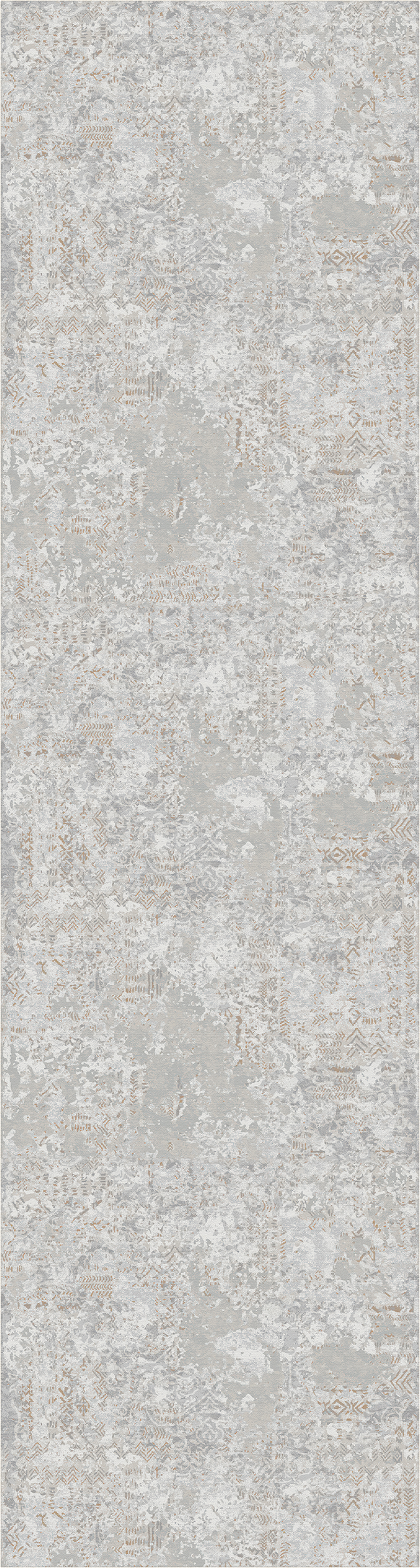 Un tappeto a motivi consumati, in primo piano, nei toni del grigio chiaro e del bianco sporco, con delicate sfumature beige e una finitura screziata e materica.
