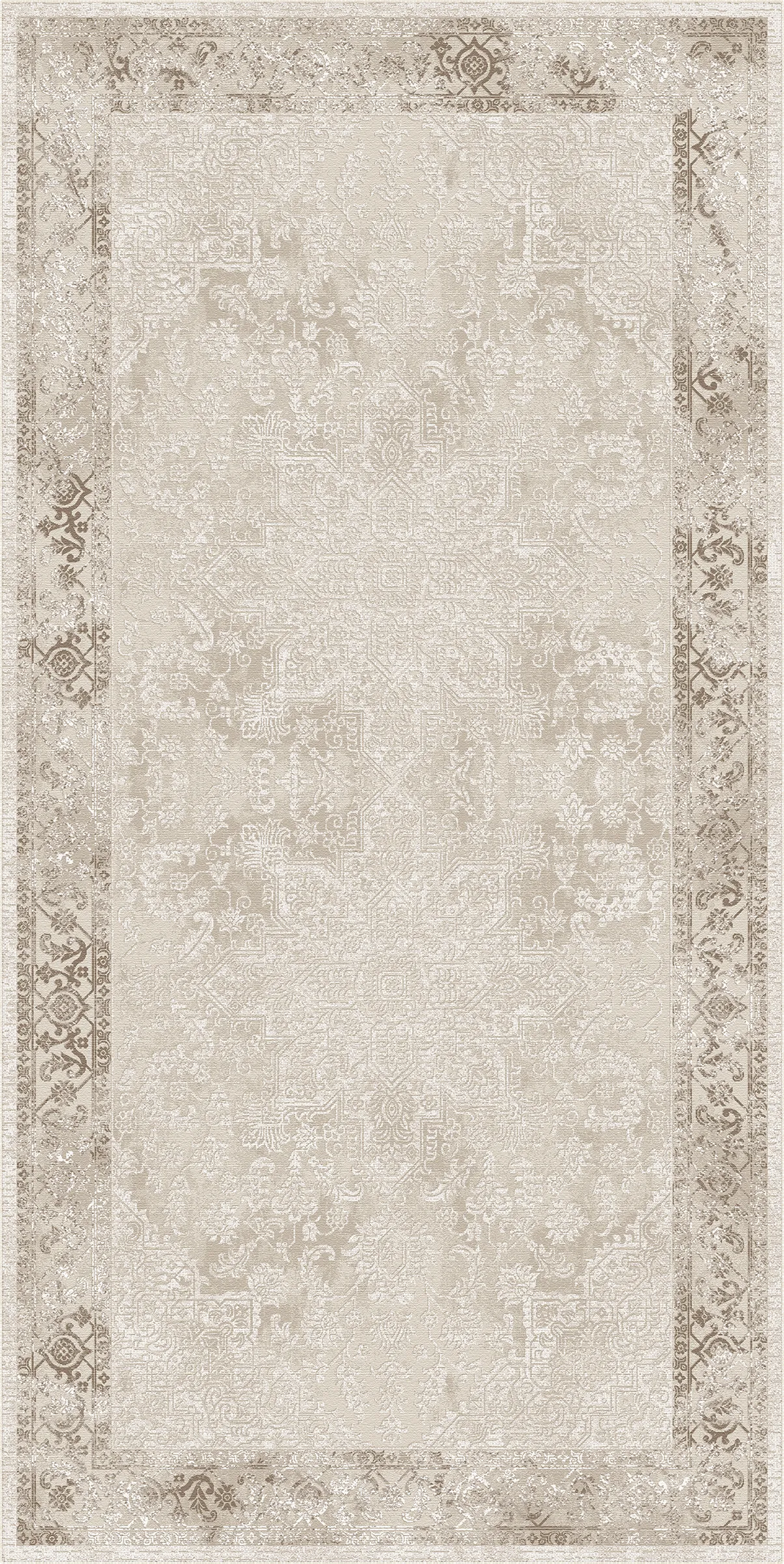 Tappeto da area 1 x 2 con motivo tradizionale effetto consumato nei toni crema, beige e tortora chiaro, caratterizzato da un'ampia area centrale e bordi ornamentali.