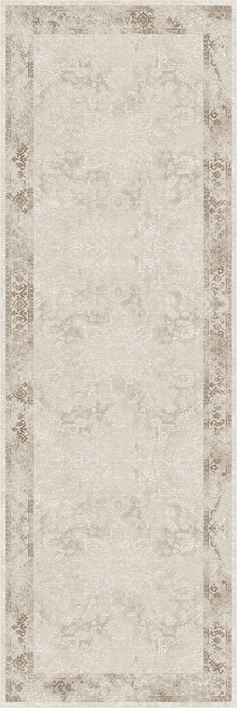 Tappeto rettangolare 1x3 con motivo tradizionale effetto vissuto nei toni del beige, crema e tortora, caratterizzato da un’ampia area centrale e da un bordo decorativo.