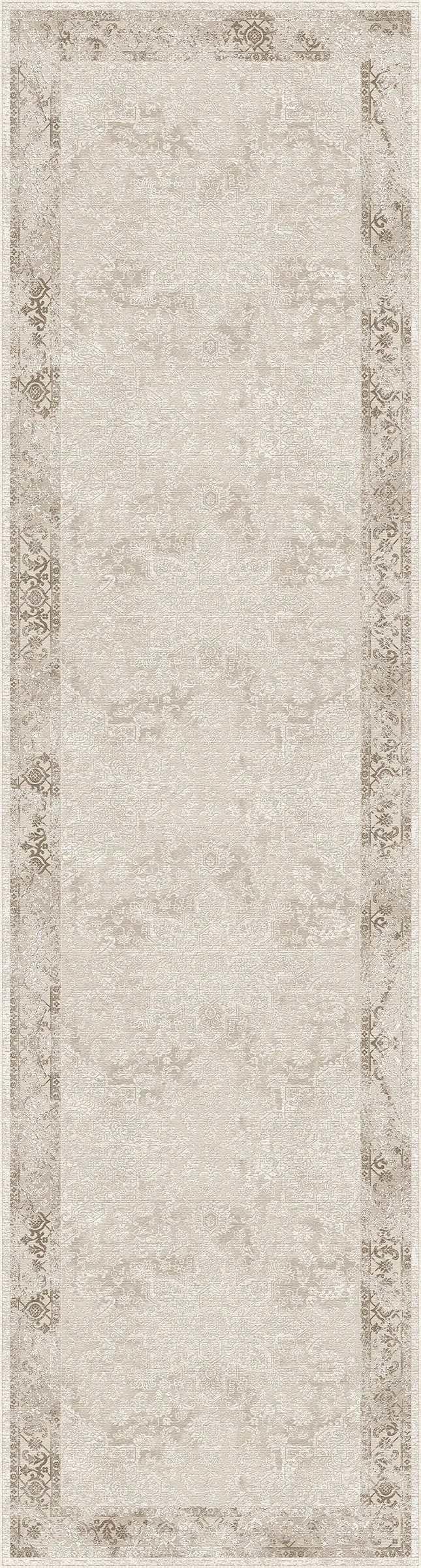 Un tappeto rettangolare per area con un motivo tradizionale effetto vissuto nei toni del beige caldo, del crema e del tortora, caratterizzato da un’ampia area centrale e da un bordo decorativo.