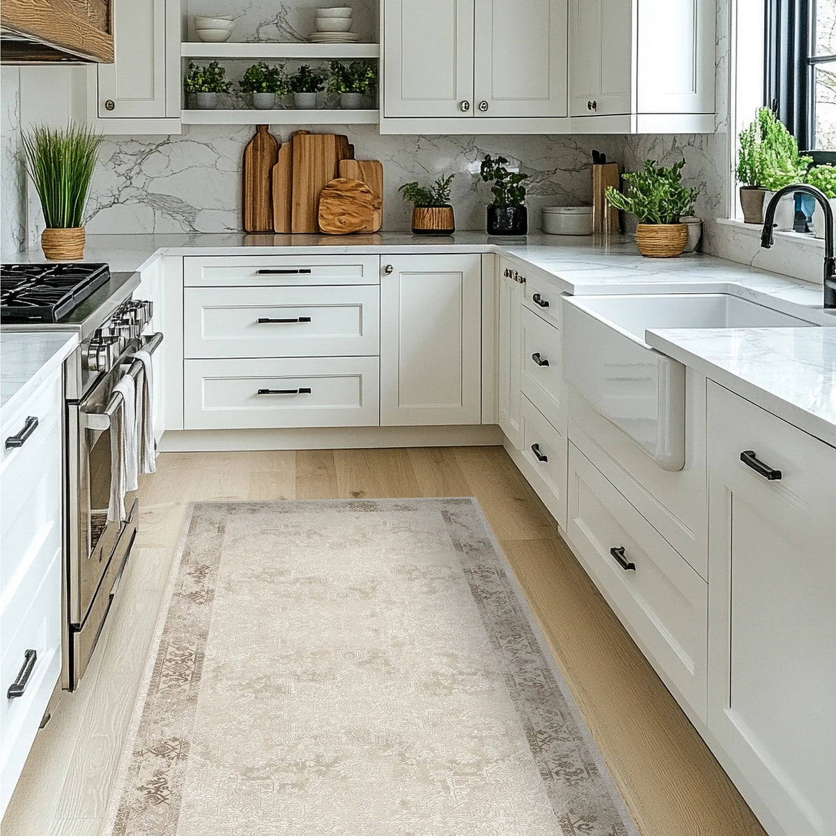 Cucina moderna con mobili bianchi, piano di lavoro in marmo e tappeto decorato sul pavimento in legno.
