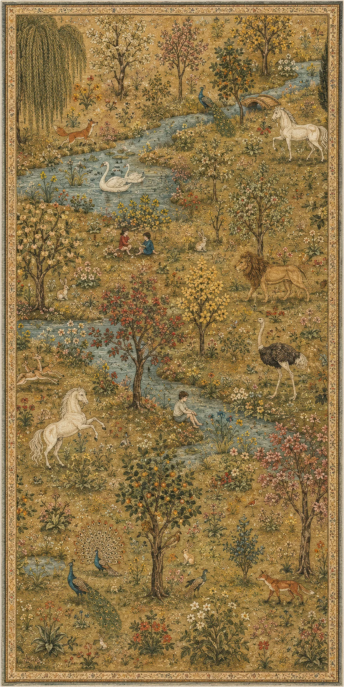 Un tappeto elegante con paesaggio pastorale con animali, alberi e un fiume tortuoso, rifinito con un ornato bordo floreale.