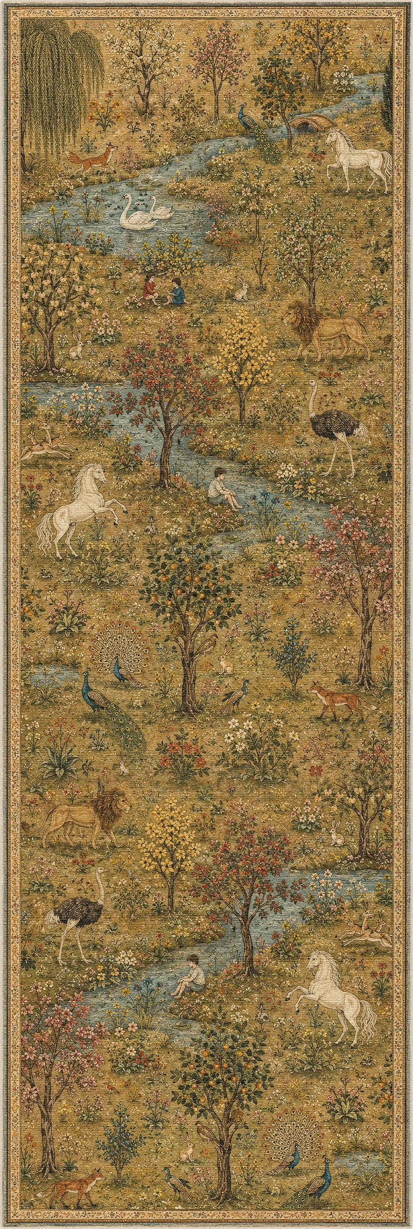 Un tappeto stretto e orientato verticalmente che mostra un paesaggio pastorale dettagliato con alberi, ruscelli blu tortuosi, piccole figure e diversi cavalli bianchi o cervi su uno sfondo caldo dorato e marrone.