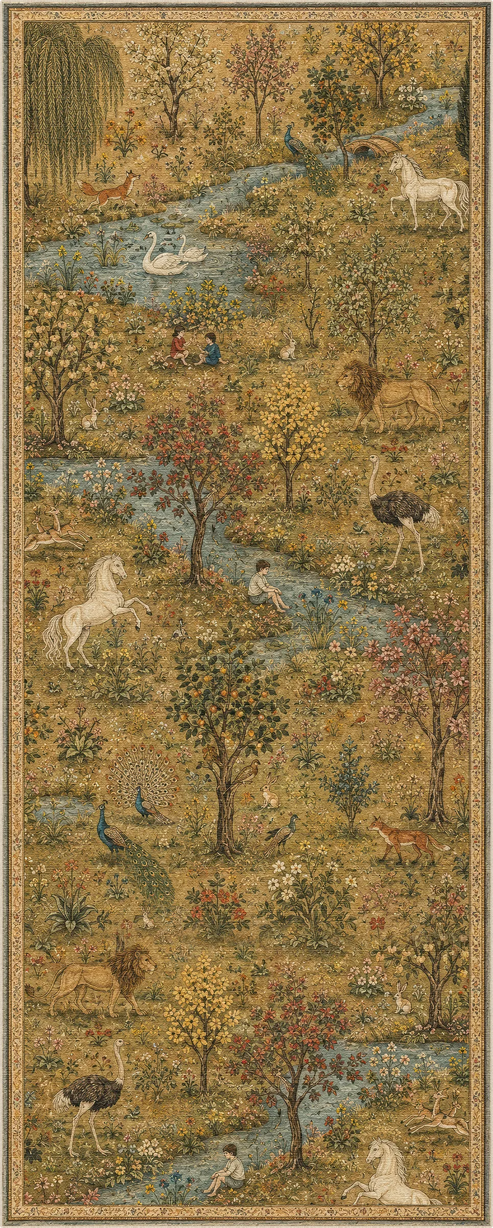 Un tappeto a punto croce dettagliato che raffigura una scena forestale fiabesca con un fiume blu tortuoso, cigni, cervi, leoni, pavoni e vari animali in un disegno arazzo dettagliato in stile vintage.