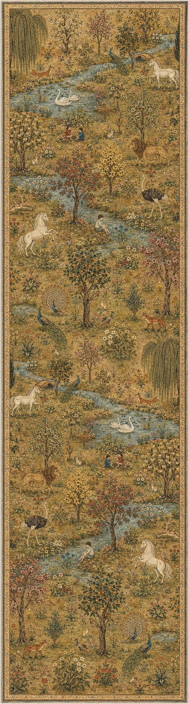 Un tappeto stretto con una scena pastorale dettagliata che raffigura alberi, un ruscello blu tortuoso e diversi cervi bianchi su uno sfondo caldo beige e marrone.