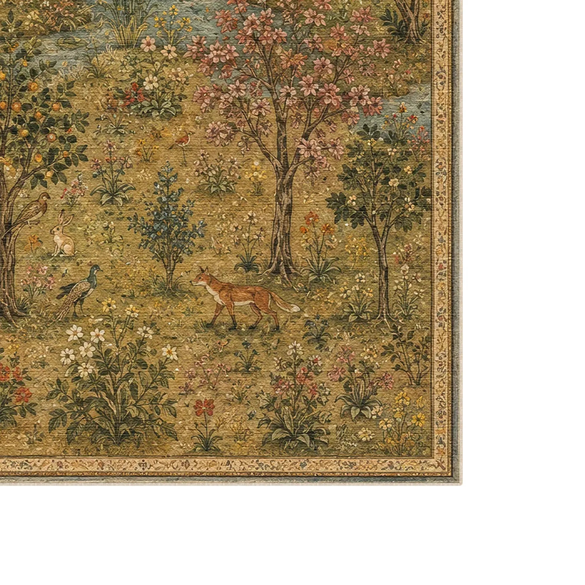 Un primo piano di un tappeto con una scena floreale e boschiva con alberi, fiori, uccelli e una volpe, bordato da un bordo decorato su sfondo bianco.
